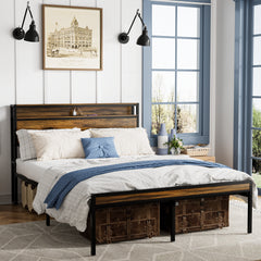 HAOYYE Queen Size Bed Frame, Storage Headboard with LED light, Charging Station, Solid and Stable, Noise Free, No Box Spring Needed, Easy Assembly, Vintage Brown Sturdy Space-Saving Heavy Duty Modern Design