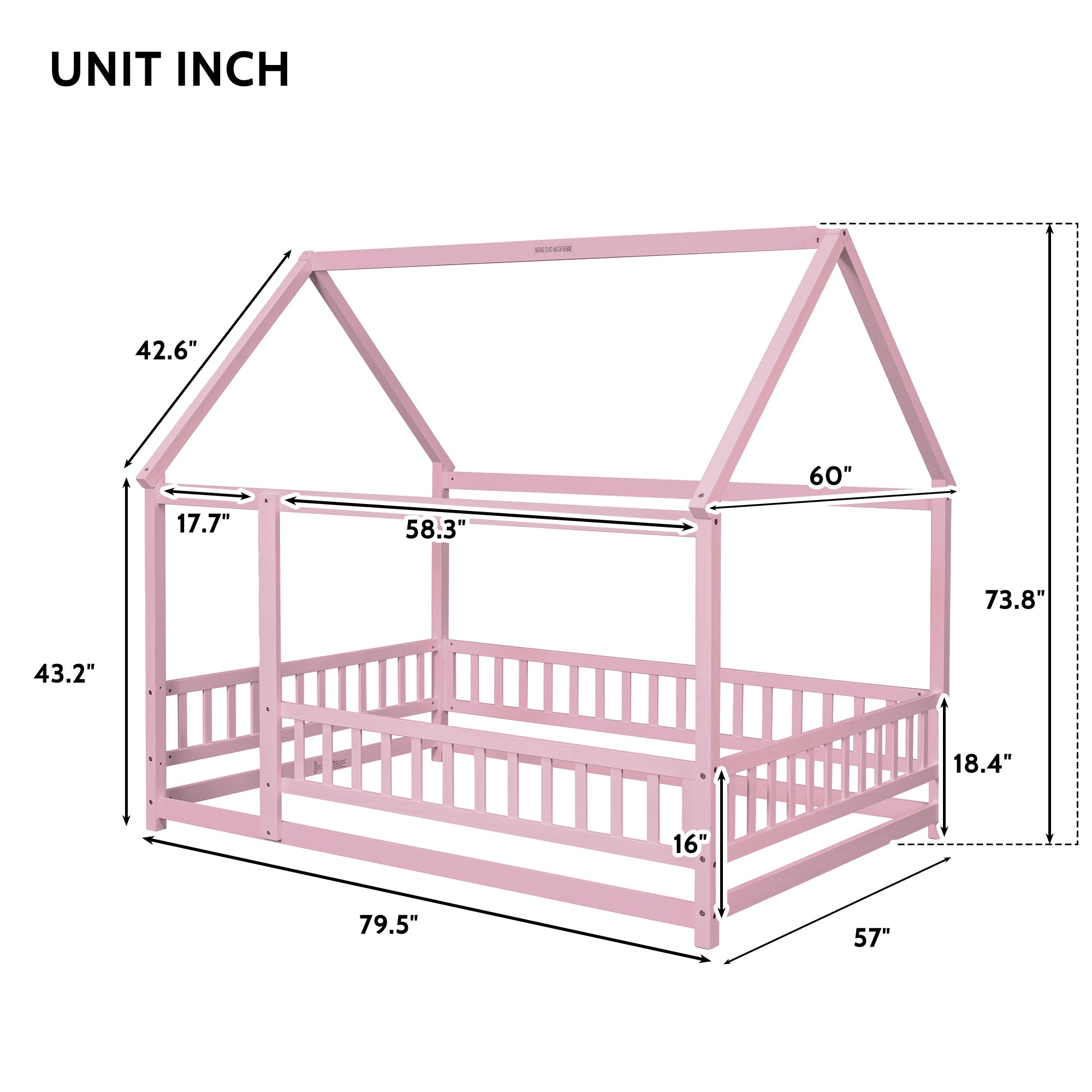 HAOYYE Full Size Floor Wooden Bed with House Roof Frame, Fence Guardrails ,Pink Sturdy Space-Saving Heavy Duty Modern Design Easy Assembly Durable Stylish Home Furniture Versatile
