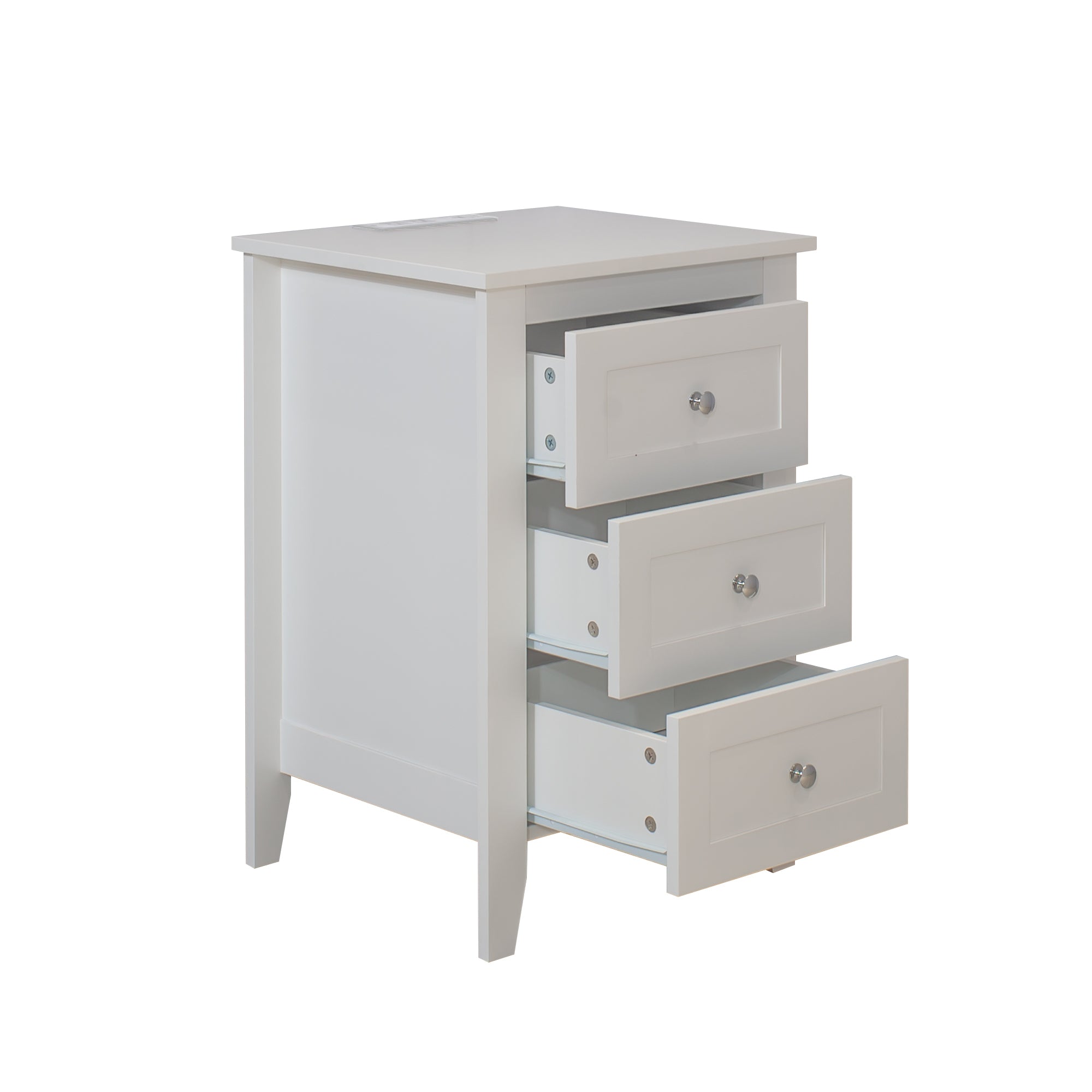 HAOYYE White Nightstand with 3 Drawers, USB Ports & Power Outlets, Wooden Bedside Table/End Table, Modern Design for Bedrooms, Sturdy Space-Saving Heavy Duty Construction, Ideal for Adults