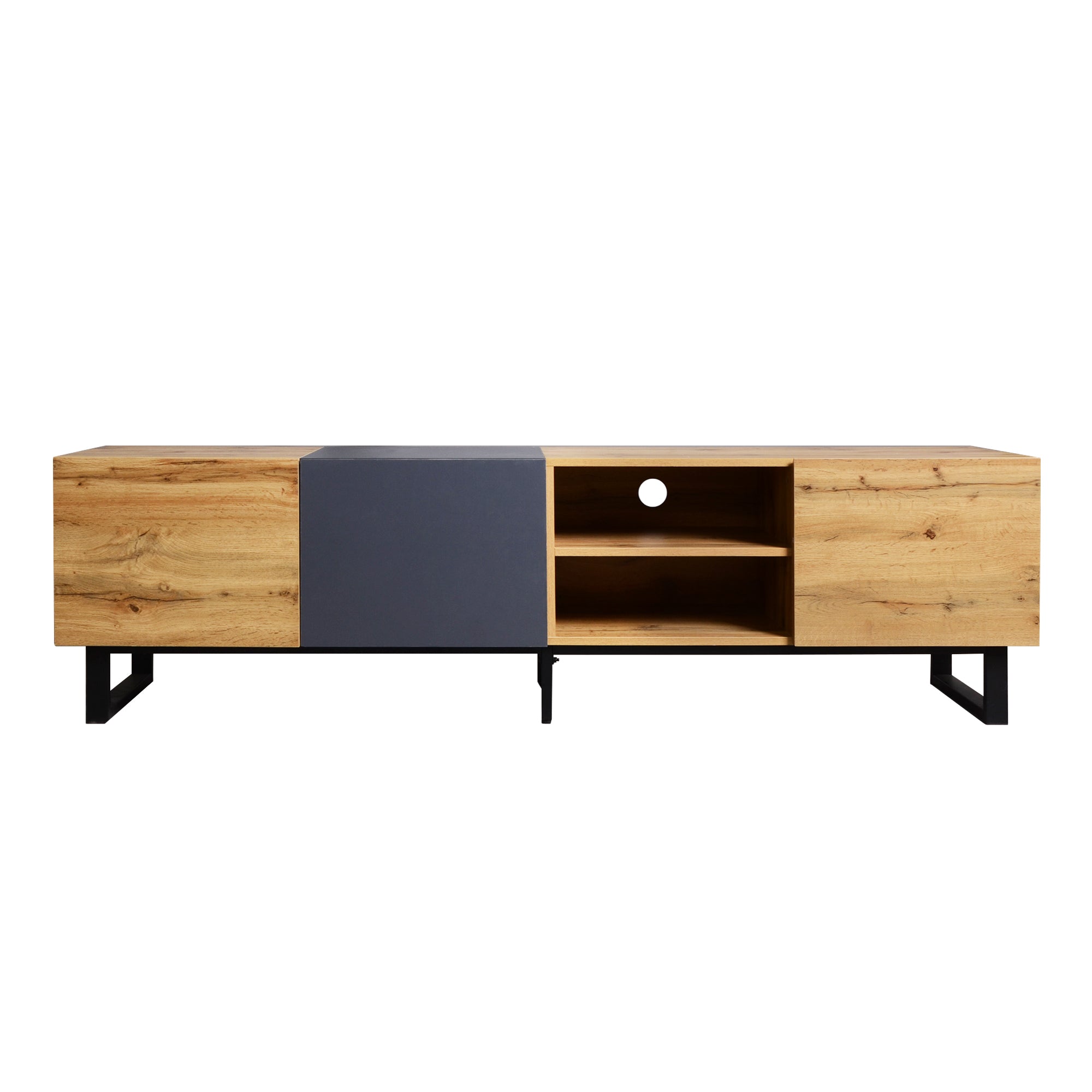HAOYYE Modern TV Stand with 3 Cabinets and Open Shelves, Color-Matched Media Console Table for TVs up to 80 Inches, Entertainment Center with Drop Down Door for Living Room, Bedroom, and Home Theatre, Sturdy, Space-Saving Heavy Duty Design