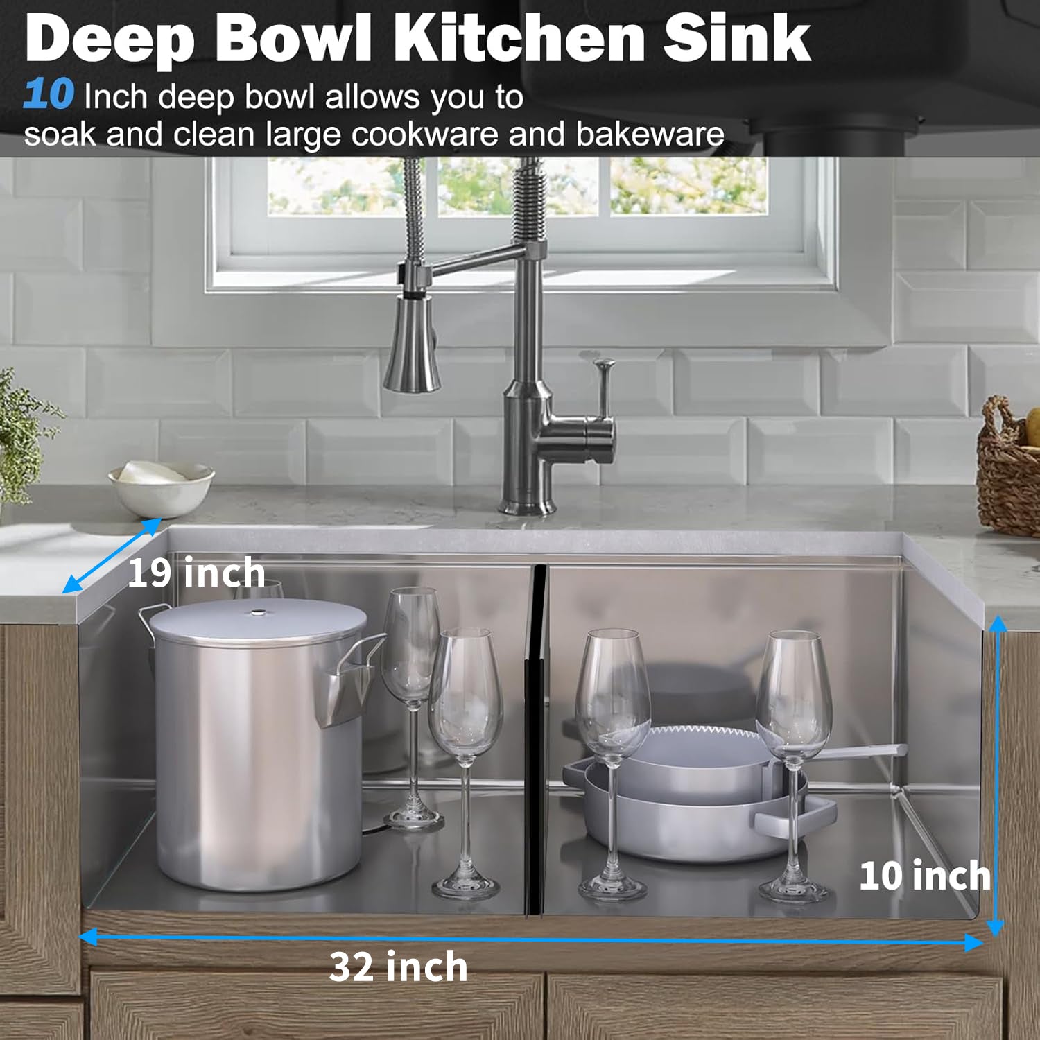 HAOYYE 32" L X 19" W Undermount Double Bowl 16 Gauge 304 Stainless Steel Kitchen Sink (Sink Only) Sturdy Space-Saving Heavy Duty Modern Design Adults Dorm Room Easy Assembly Bedroom Furniture