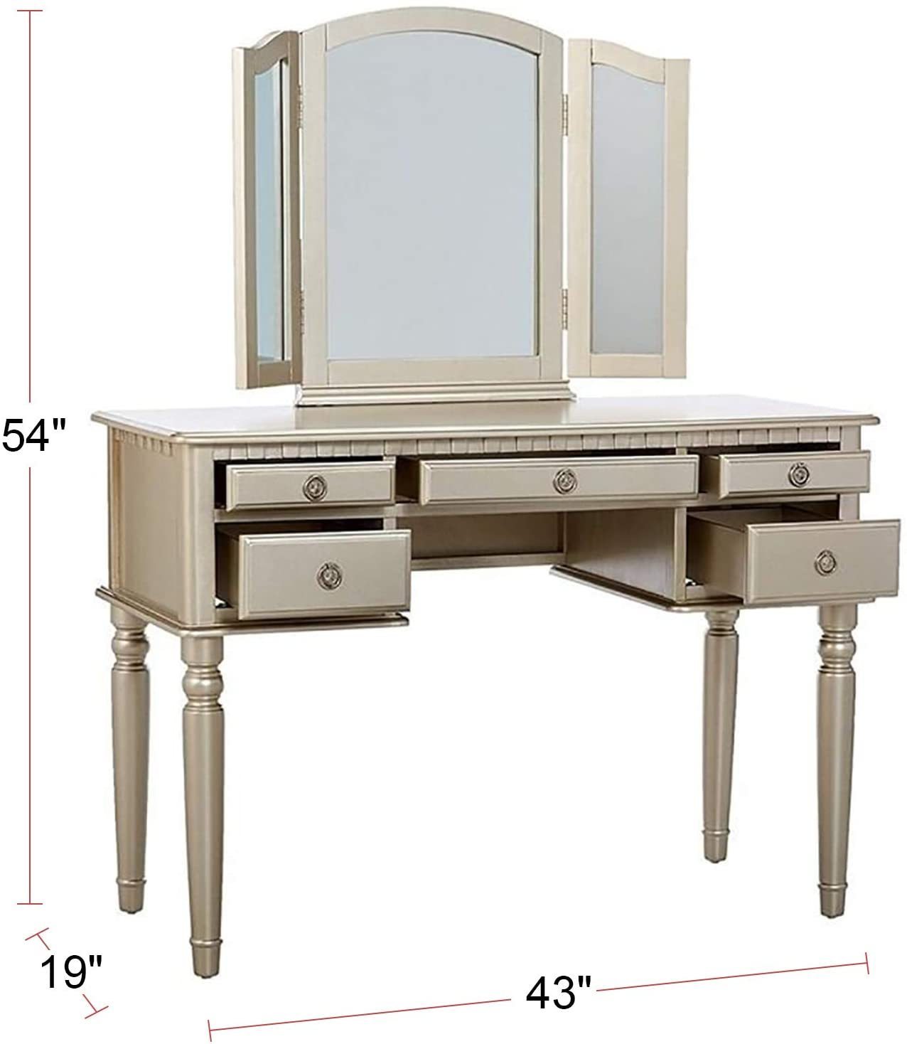HAOYYE Bedroom Contemporary Vanity Set with Foldable Mirror, Padded Stool & Storage Drawers – Stylish Silver Color, Space-Saving Design for Small Spaces, Elegant Makeup Table for Bedroom or Dressing Room