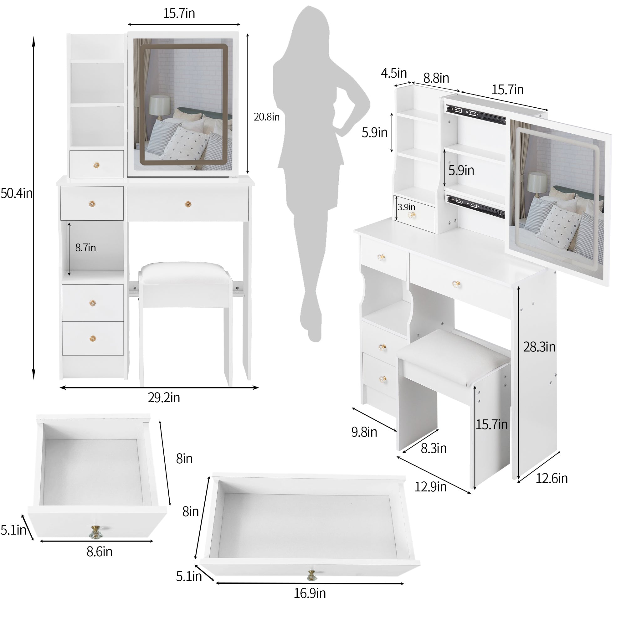 HAOYYE Small Left Drawer Desktop Vanity Table with Cushioned Stool, Touch Control Sliding LED Mirror, Tri-Color Lighting, Brightness Adjustment, Multi-Layer Storage, Ideal for Small Spaces