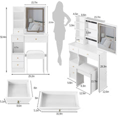 HAOYYE Small Left Drawer Desktop Vanity Table with Cushioned Stool, Touch Control Sliding LED Mirror, Tri-Color Lighting, Brightness Adjustment, Multi-Layer Storage, Ideal for Small Spaces