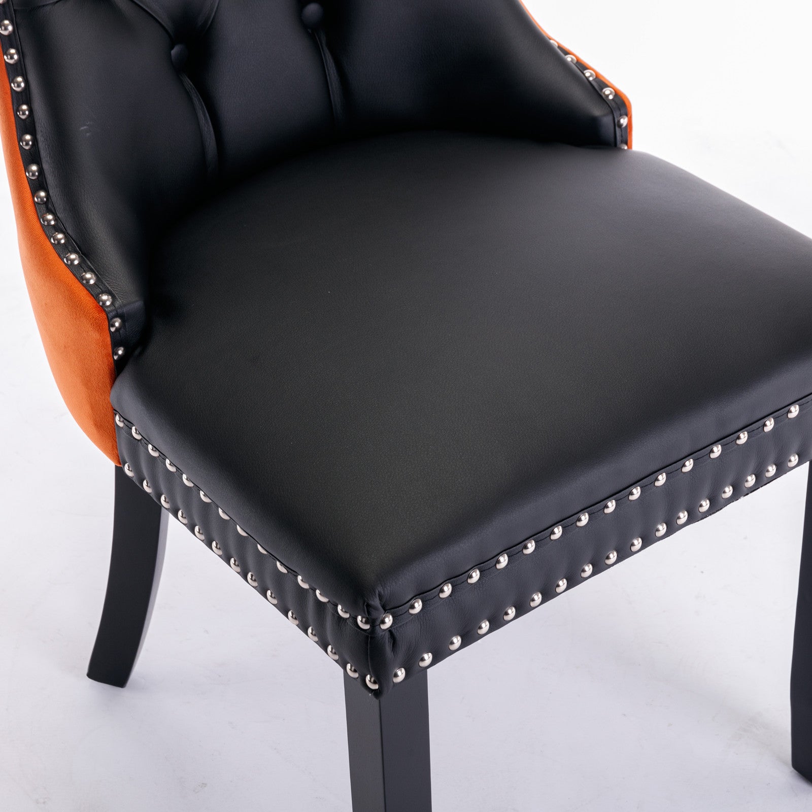 HAOYYE Nikki Collection Modern, High-end Tufted Solid Wood Contemporary PU and Velvet Upholstered Dining Chair with Wood Legs Nailhead Trim 2-Pcs Set lack+Orange, SW2101BO Sturdy Space-Saving