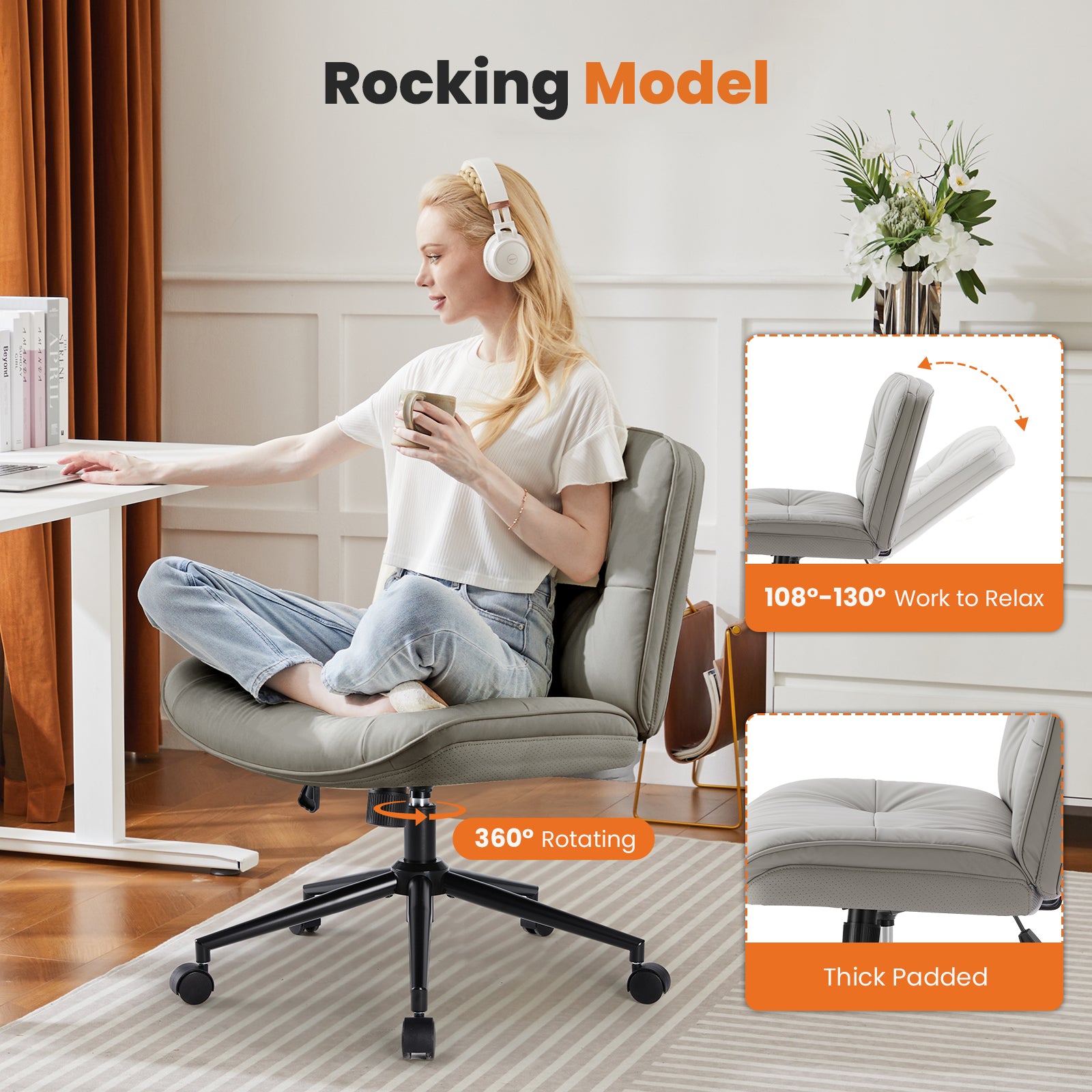 HAOYYE Criss Cross Legged Chair, Armless Office Desk Wide Seat Wheels, Swivel Height Adjustable Comfy Sturdy Space-Saving Heavy Duty Modern Design Adults Dorm Room Easy Assembly Bedroom Furniture