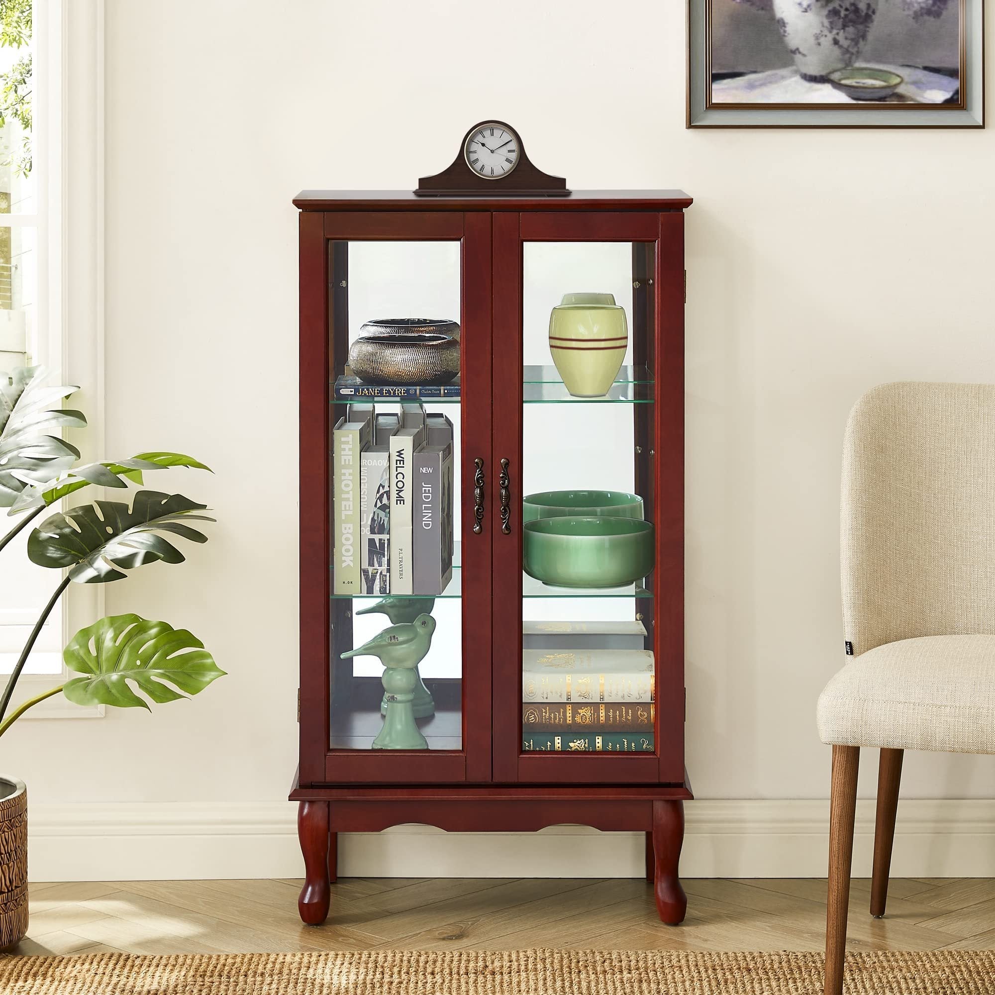 HAOYYE Curio Cabinet Lighted Curio Diapaly Cabinet with Adjustable Shelves and Mirrored Back Panel, Tempered Glass Doors (Cherry, 3 Tier), (E26 light bulb not included) Sturdy Space-Saving Heavy Duty
