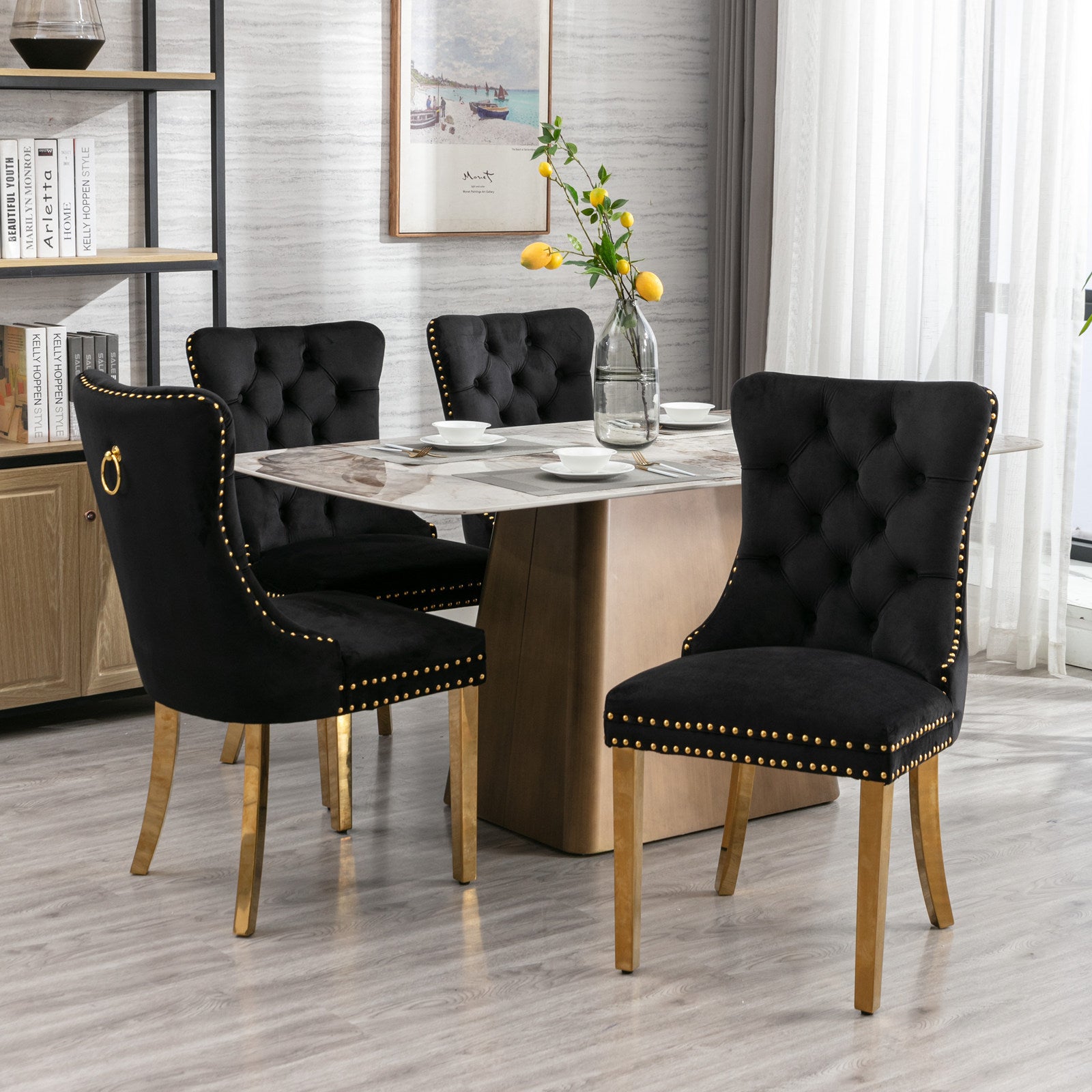 HAOYYE High-end Tufted Solid Wood Contemporary Velvet Upholstered Dining Chair with Golden Stainless Steel Plating Legs,Nailhead Trim,Set of 2，Black and Gold, SW1601BK