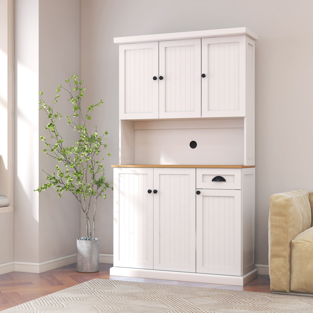 HAOYYE Freestanding Living Room Storage Cabinet with Microwave Countertop, Adjustable Shelves, 6 Doors & 1 Drawer, White, Space-Saving Modern Design, Sturdy Heavy Duty Construction, Stylish Home Furniture