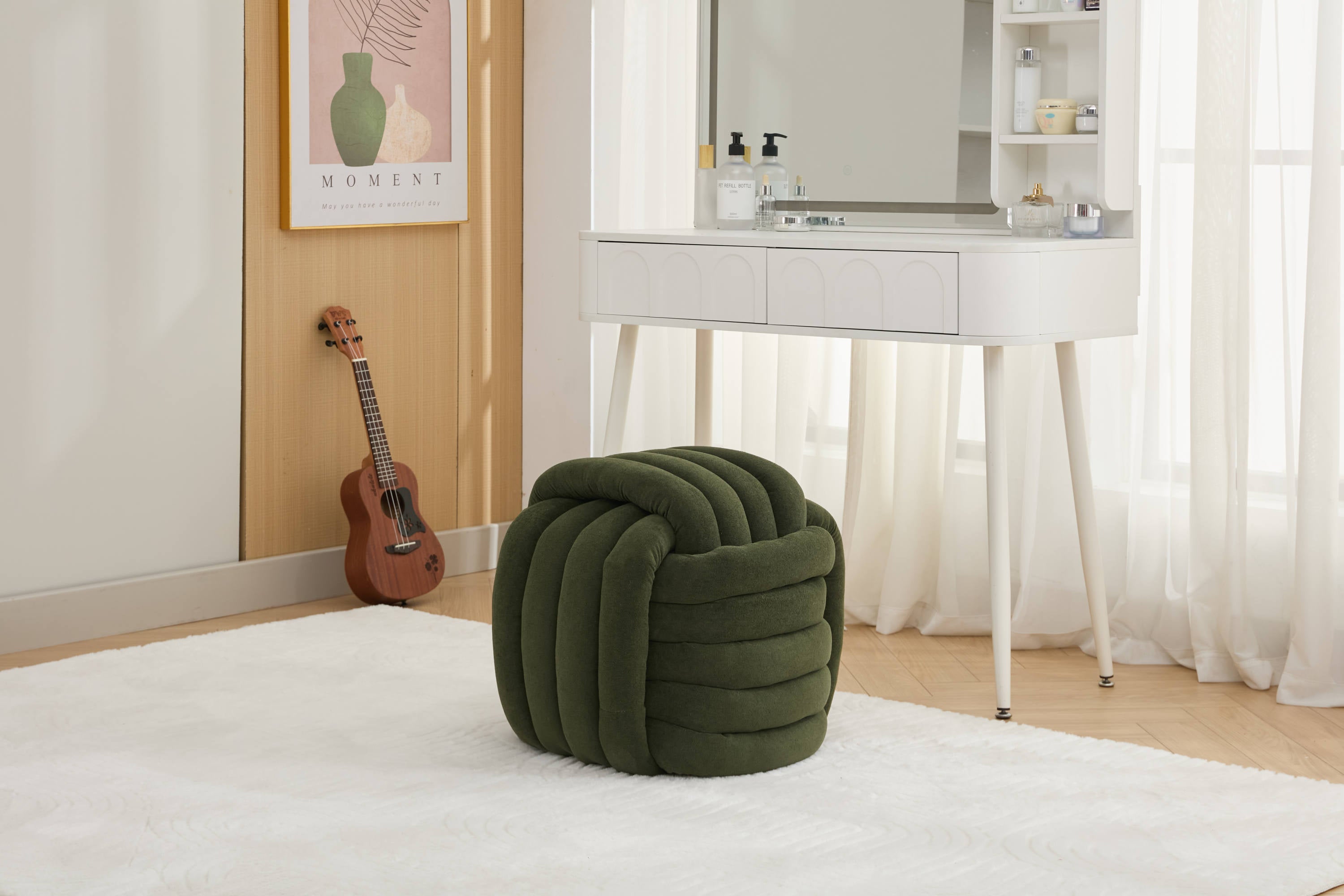 Haoyye Modern Chenille Fabric Knot Design Ottoman Makeup Stool Footstool, Comfortable and Stylish Seat, Perfect for Living Room and Bedroom, Space-Saving Heavy Duty Construction, Durable Furniture for Adults Dorm Room