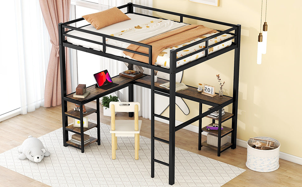 HAOYYE Full Metal Loft Bed with Desk and Shelves, Loft Bed with Ladder and Guardrails, Loft Bed Frame for Bedroom, Black with Vintage wood-colored desk Sturdy Space-Saving Heavy Duty