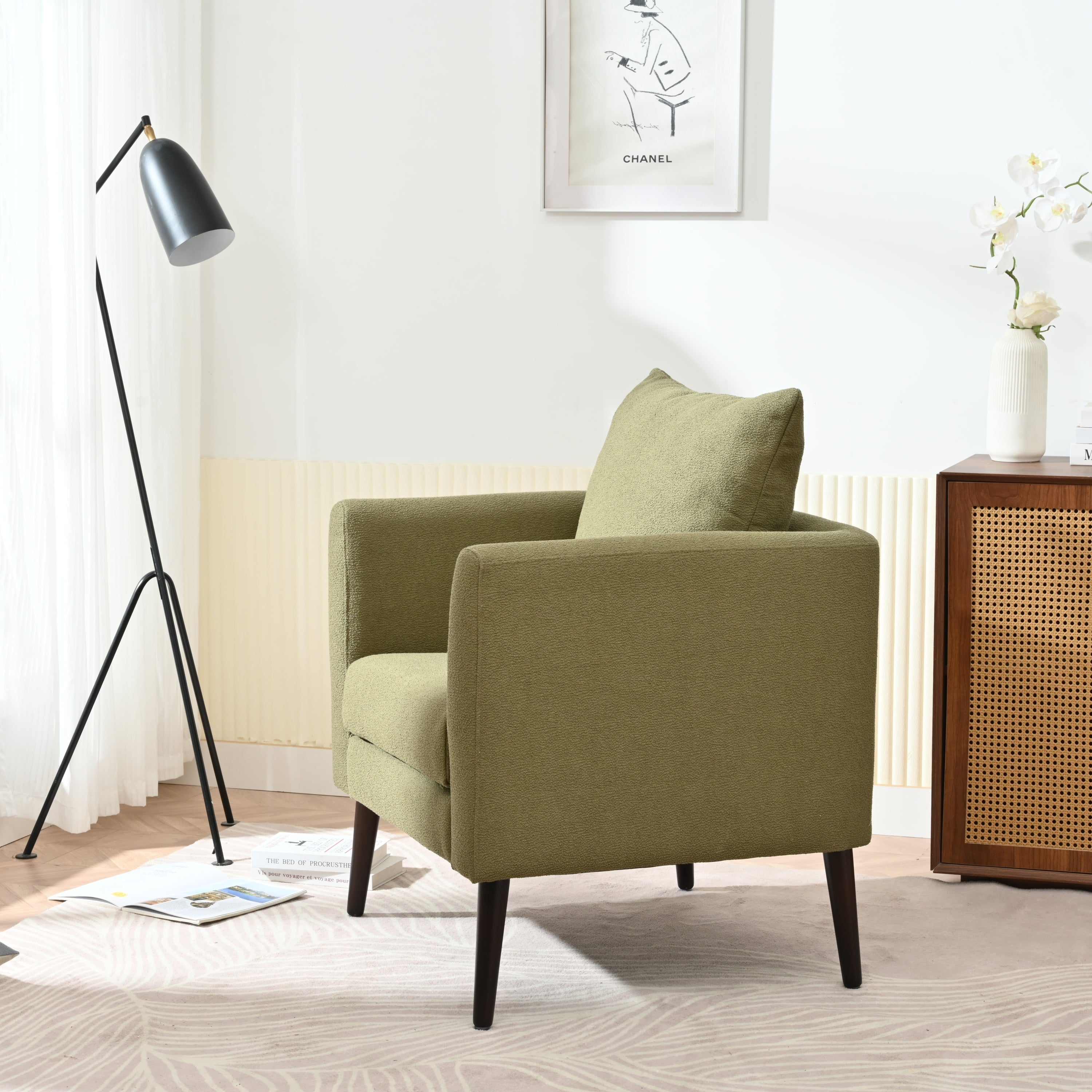 HAOYYE Barrel Chair, Modern Accent Chair, Fabric Armchair Club Chair,Upholstered Arm Chair with Solid Wood Legs,Waist Pillow,Padded Single Chair for Living Room/Bedroom/Study/Waiting Room,Olive Green Sturdy
