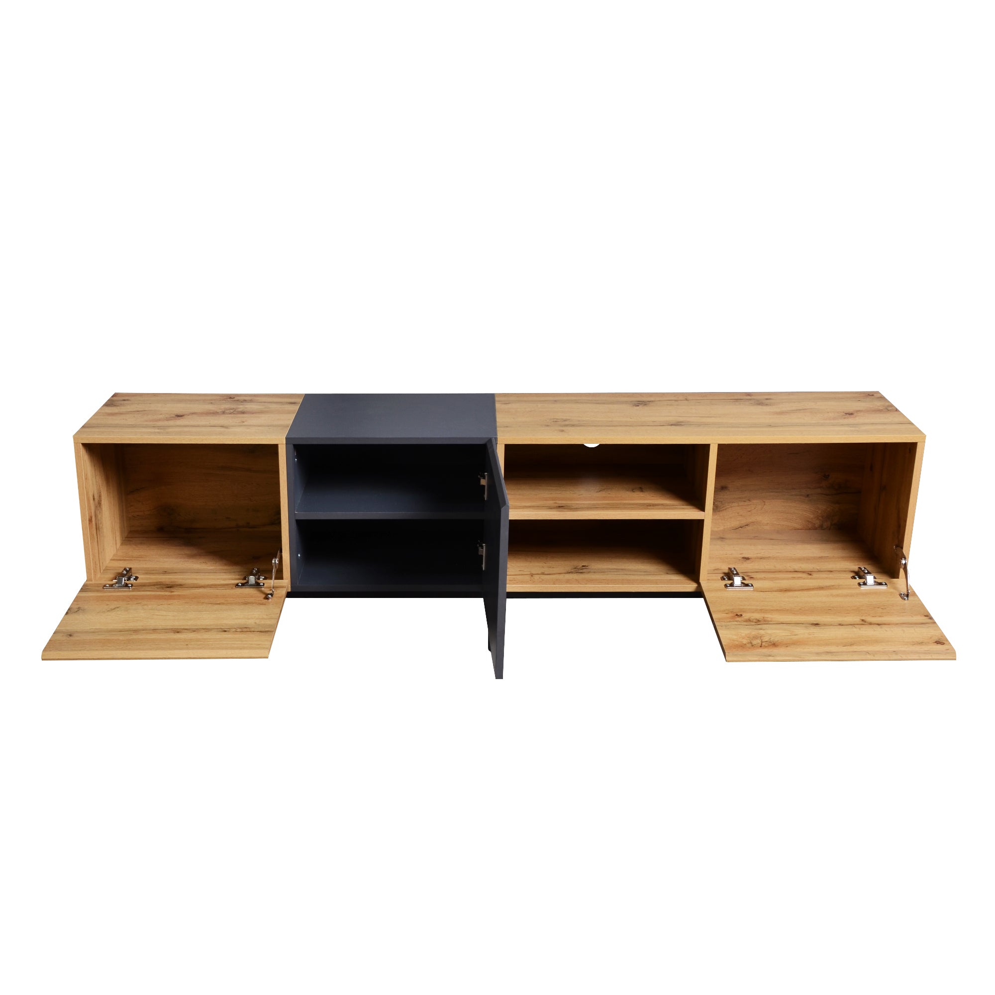 HAOYYE Modern TV Stand with 3 Cabinets and Open Shelves, Color-Matched Media Console Table for TVs up to 80 Inches, Entertainment Center with Drop Down Door for Living Room, Bedroom, and Home Theatre, Sturdy, Space-Saving Heavy Duty Design