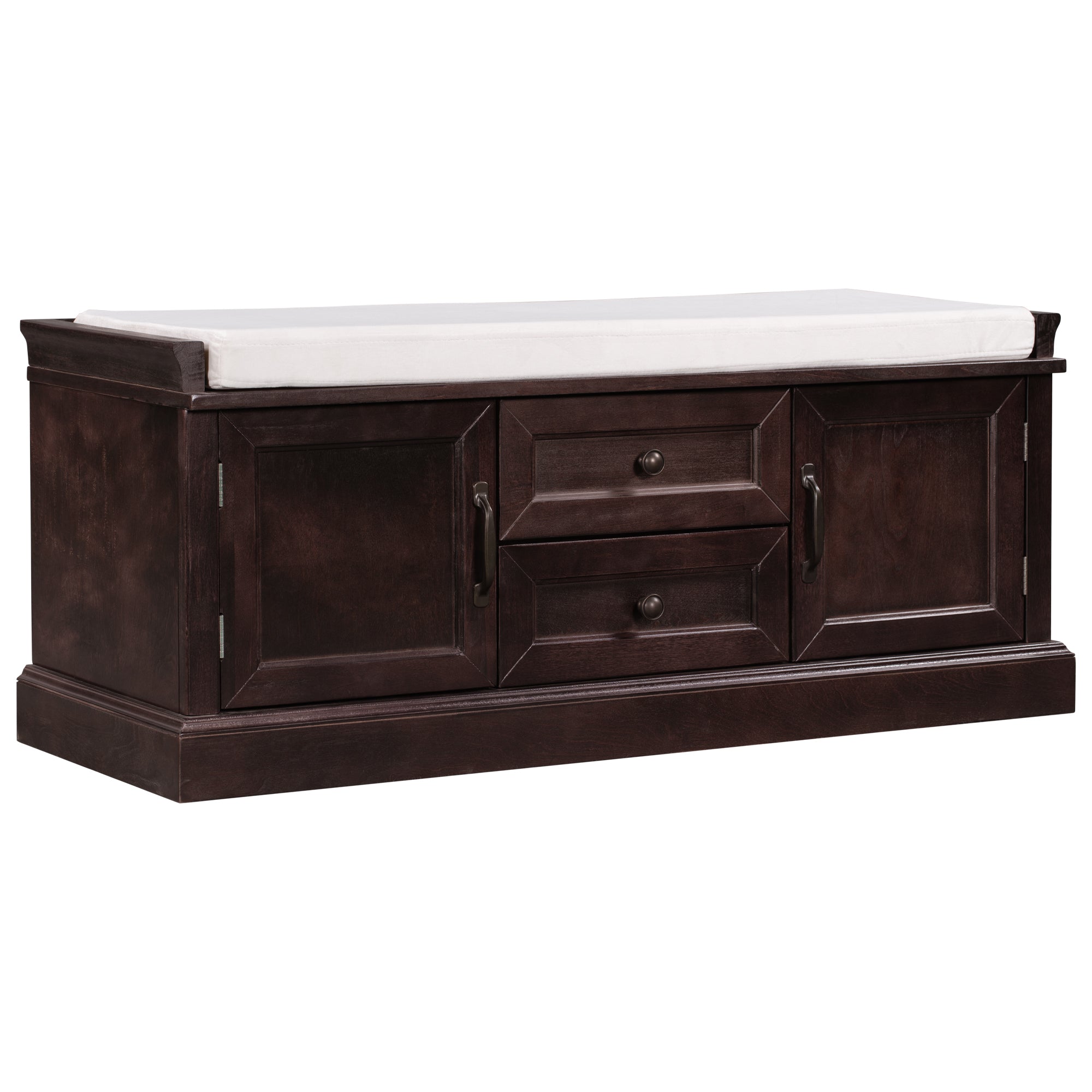 HAOYYE Storage Bench with 2 Drawers and Cabinets, Shoe Bench with Removable Cushion for Living Room, Entryway, Sturdy Space-Saving Heavy Duty Construction, Espresso Finish, Modern Design for Adults and Dorm Rooms