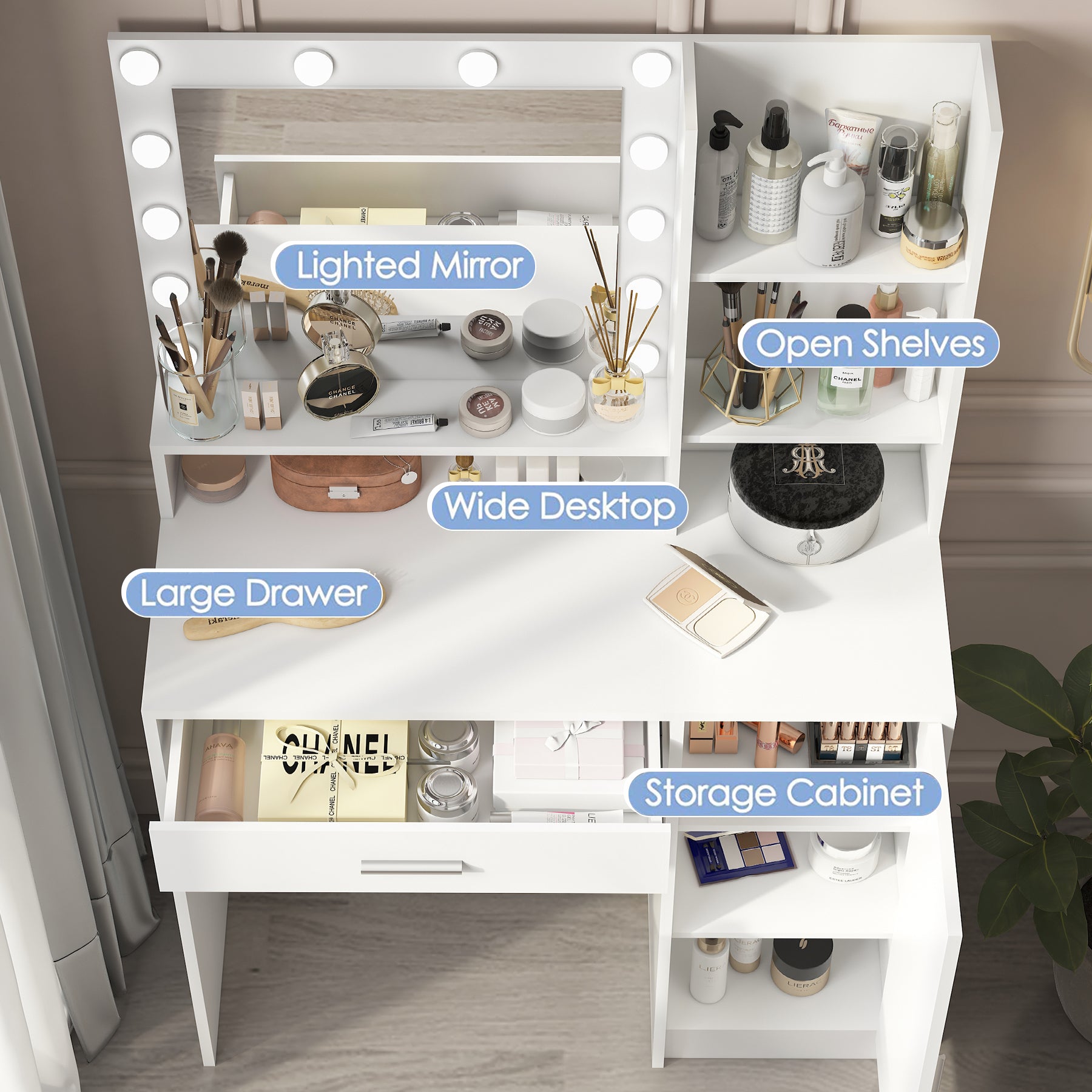 HAOYYE Vanity Desk with Mirror and Light, Three-Level Storage Dresser, Large Drawer, Adjustable Brightness with Three Lighting Modes, White, Sturdy Space-Saving Design, Heavy Duty Construction, Modern and Stylish Home Furniture