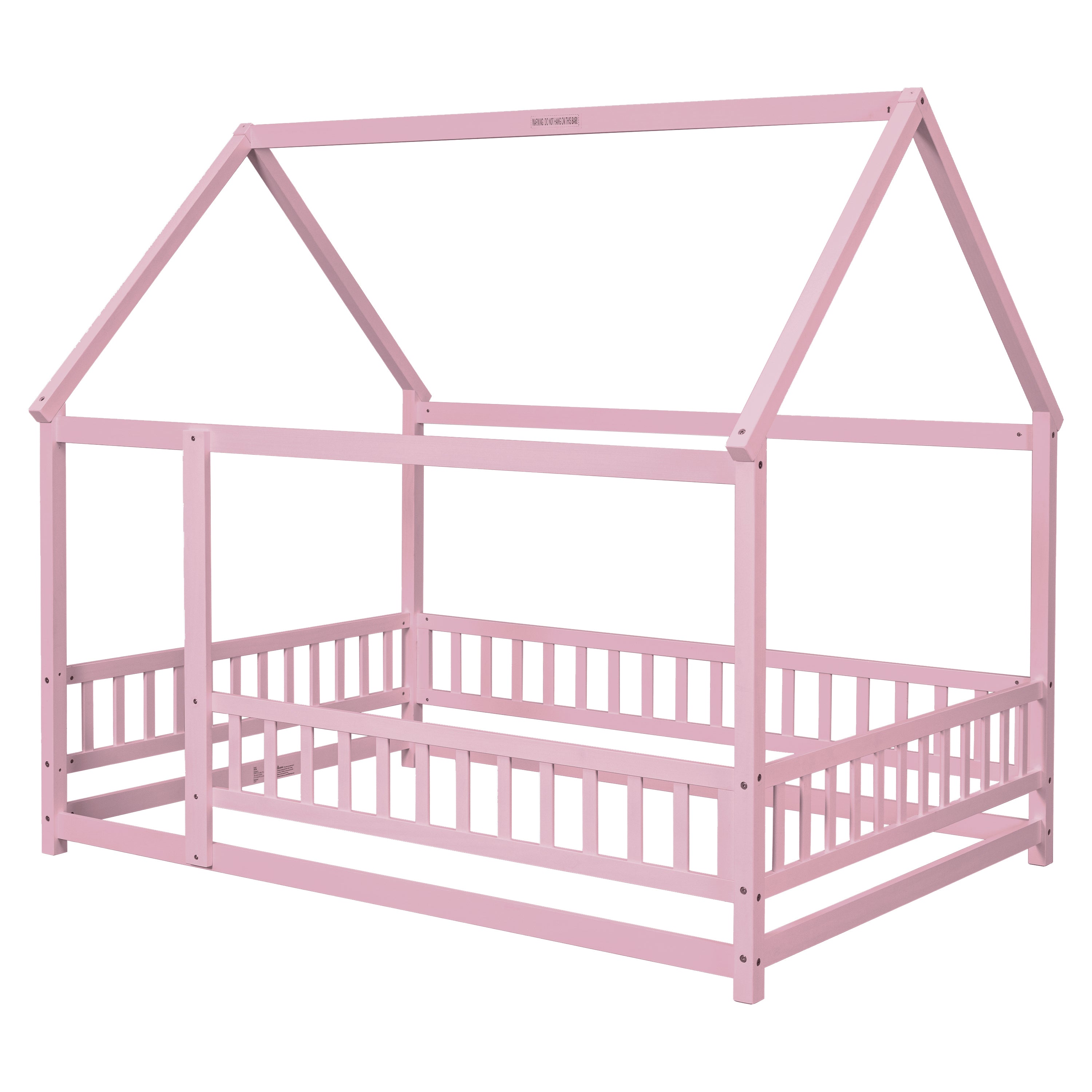 HAOYYE Full Size Floor Wooden Bed with House Roof Frame, Fence Guardrails ,Pink Sturdy Space-Saving Heavy Duty Modern Design Easy Assembly Durable Stylish Home Furniture Versatile