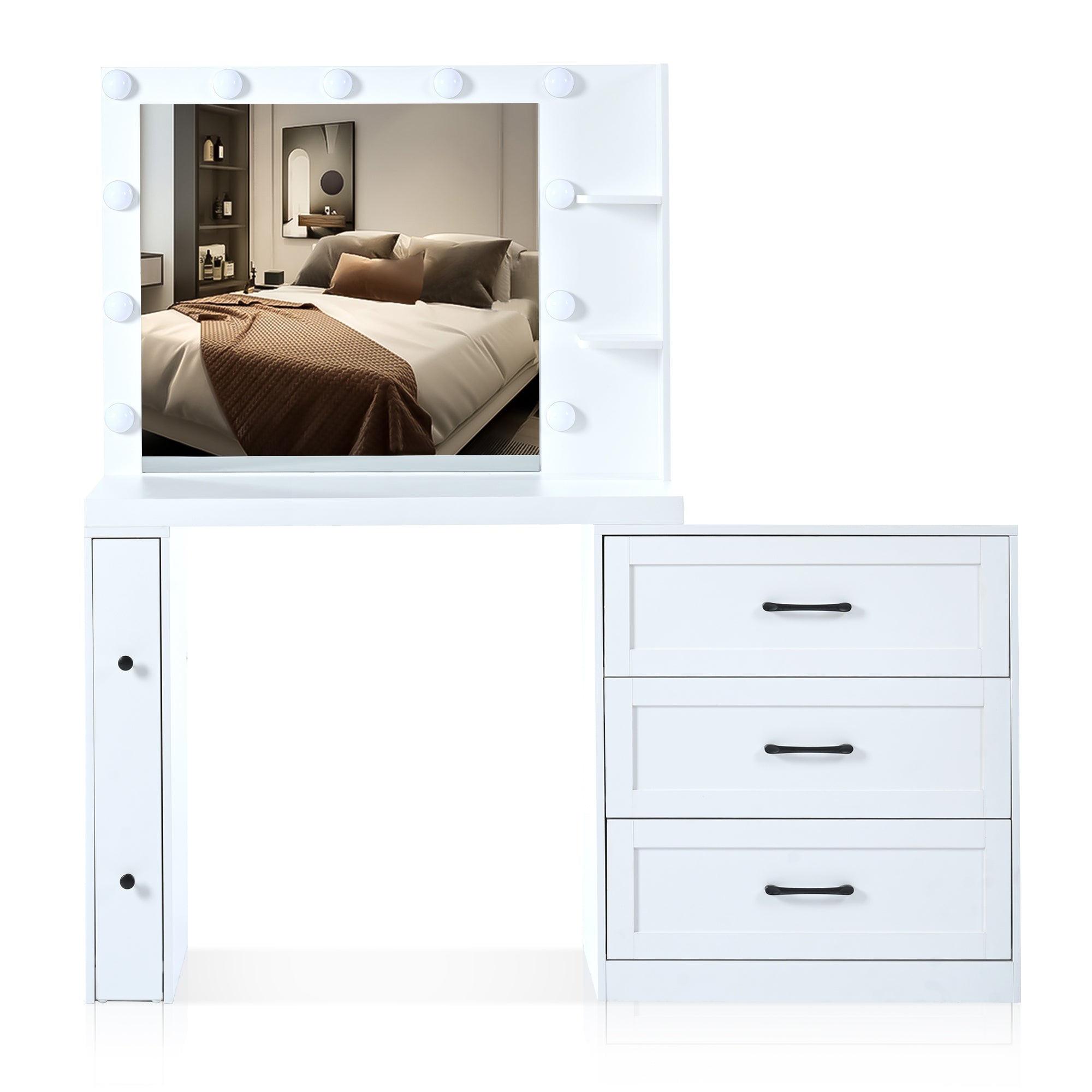 HAOYYE 55.2" Vanity Desk with Freely Adjustable Side Cabinet, Makeup Vanity with Hollywood Lights, 5 Storage Drawers & 2-shelves, Modern Dressing Table, White