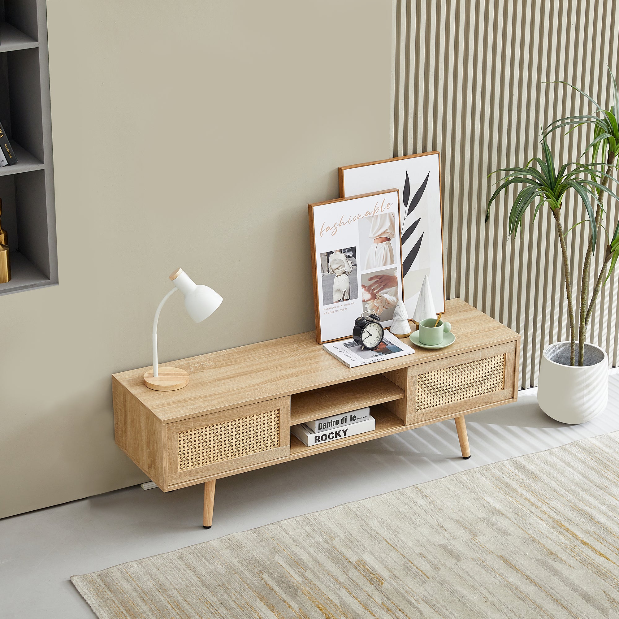 HAOYYE 55.12" Rattan TV cabinet, double sliding doors for storage, adjustable shelf, solid wood legs, TV console for living room ,natural Sturdy Space-Saving Heavy Duty Modern Design Adults Dorm Room