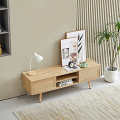 HAOYYE 55.12" Rattan TV cabinet, double sliding doors for storage, adjustable shelf, solid wood legs, TV console for living room ,natural Sturdy Space-Saving Heavy Duty Modern Design Adults Dorm Room