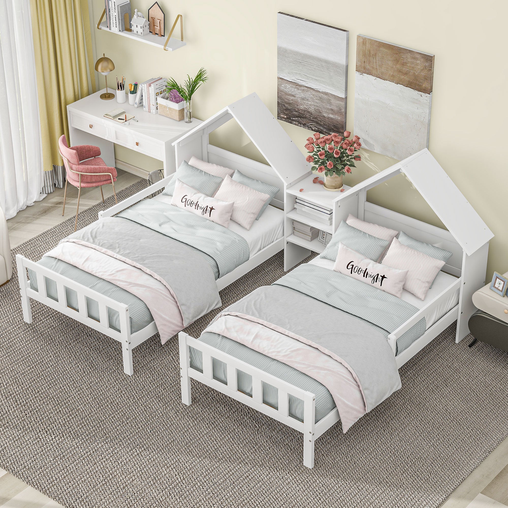HAOYYE Double Twin Size Platform Bed with House-shaped Headboard and a Built-in Nightstand, White Sturdy Space-Saving Heavy Duty Modern Design Adults Dorm Room Easy Assembly Bedroom Furniture