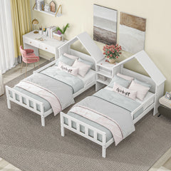 HAOYYE Double Twin Size Platform Bed with House-shaped Headboard and a Built-in Nightstand, White Sturdy Space-Saving Heavy Duty Modern Design Adults Dorm Room Easy Assembly Bedroom Furniture