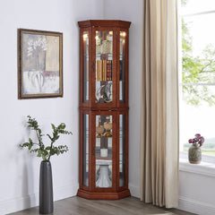 HAOYYE Corner Curio Cabinet with Lights, Adjustable Tempered Glass Shelves, Mirrored Back, Display Cabinet,Light Walnut (E26 light bulb not included) Sturdy Space-Saving Heavy Duty Modern Design Adults