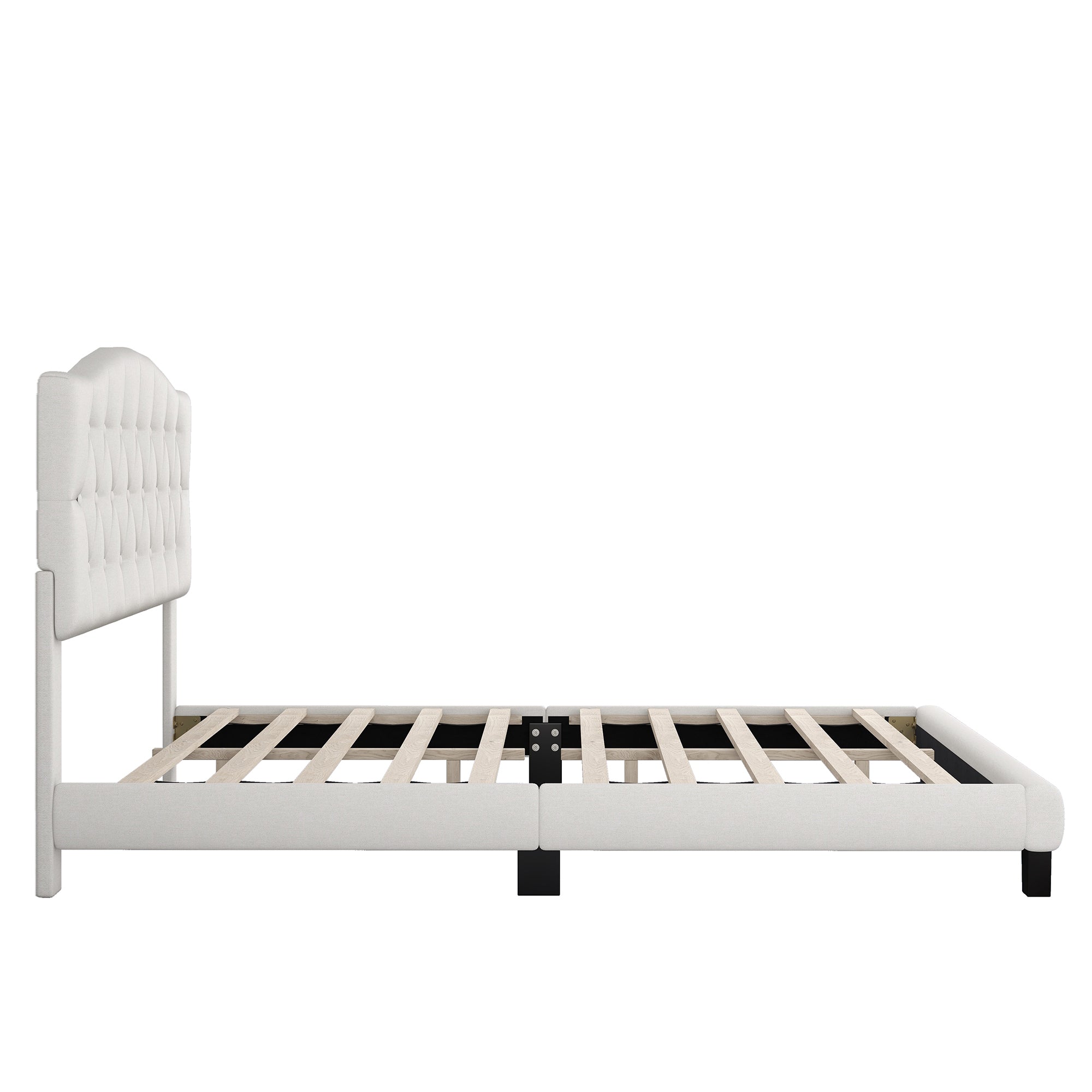 HAOYYE Upholstered Platform Bed with Saddle Curved Headboard and Diamond Tufted Details, Queen, Beige Sturdy Space-Saving Heavy Duty Modern Design Adults Dorm Room Easy Assembly Bedroom Furniture