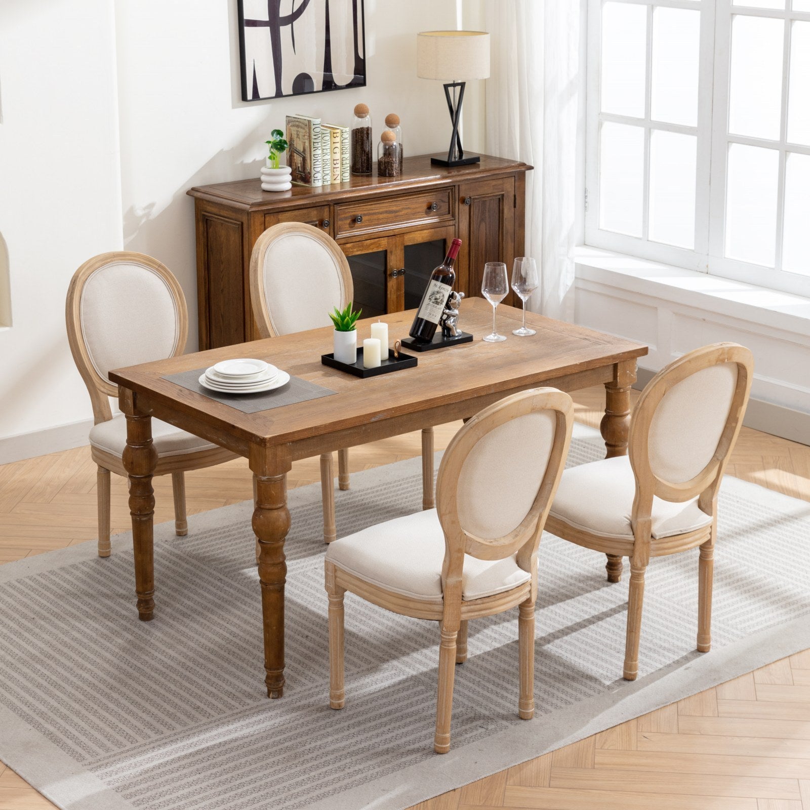 HAOYYE French Style Solid Wood Frame Antique Painting Linen Fabric Back Dining Chair,Set of 2,Beige,SW1845BG Sturdy Space-Saving Heavy Duty Modern Design Adults Dorm Room Easy Assembly