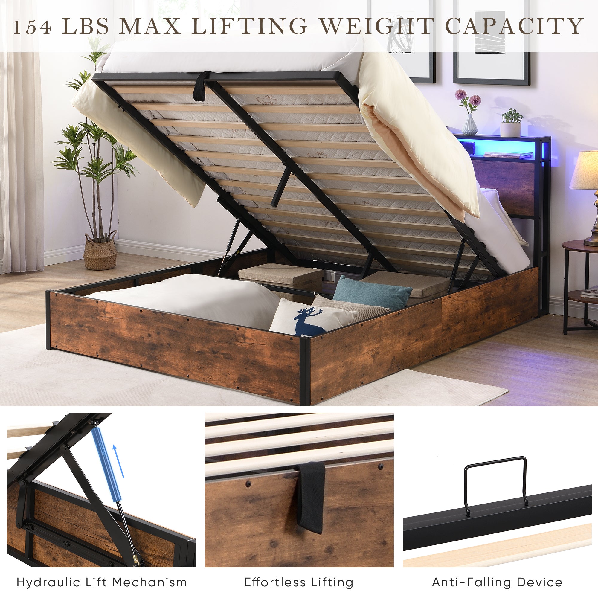 HAOYYE Lift-up Storage Bed Frame, Queen Size Bed Frame with Bookcase Headboard & LED Lights, Wooden Platform Bed Frame with Charging Station, No Spring Box Needed, Rustic Brown Sturdy Space-Saving Heavy Duty