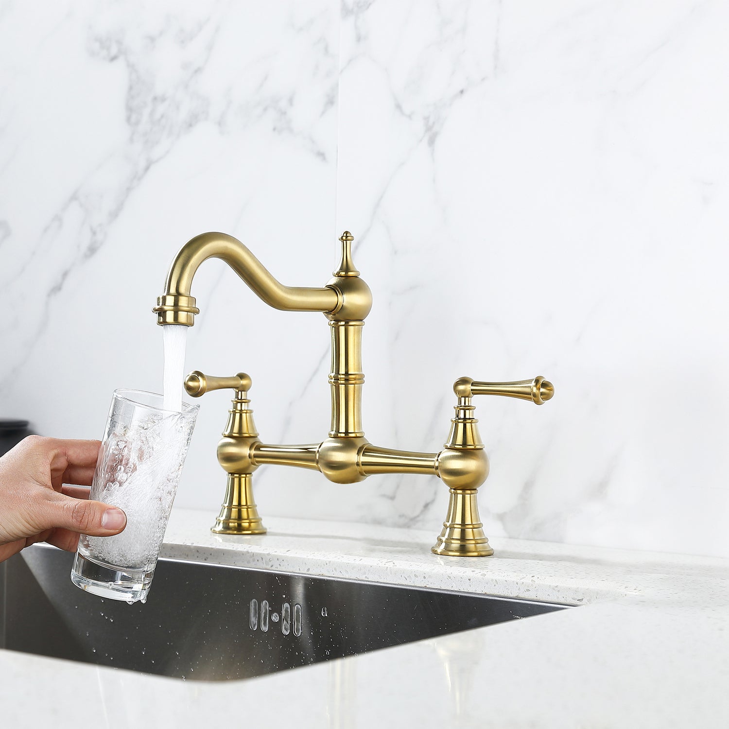 HAOYYE Double Handle Widespread Kitchen Faucet with Traditional Handles Sturdy Space-Saving Heavy Duty Modern Design Adults Dorm Room Easy Assembly Bedroom Furniture