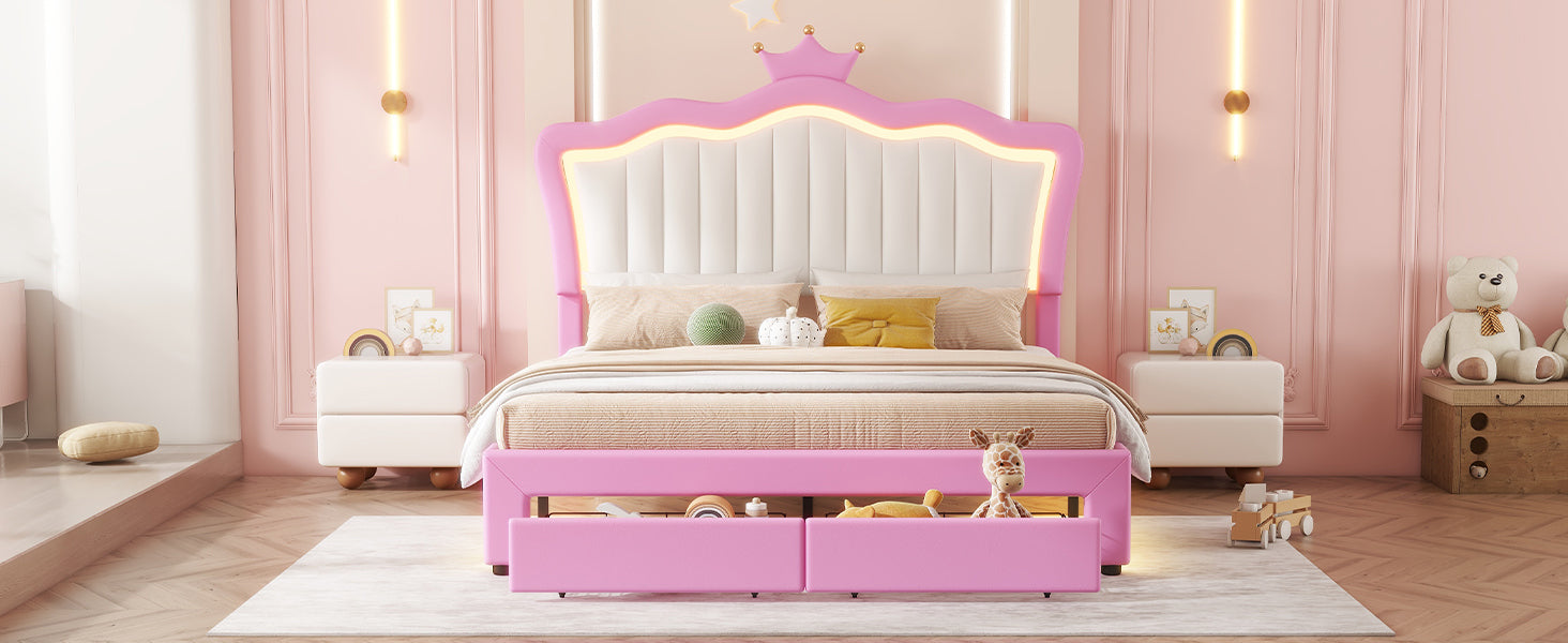 HAOYYE Full Size Upholstered Bed Frame With LED Lights, Modern Princess Bed With Crown Headboard And 2 Drawers, Pink And White, Sturdy Space-Saving Heavy Duty Design For Adults And Dorm Rooms