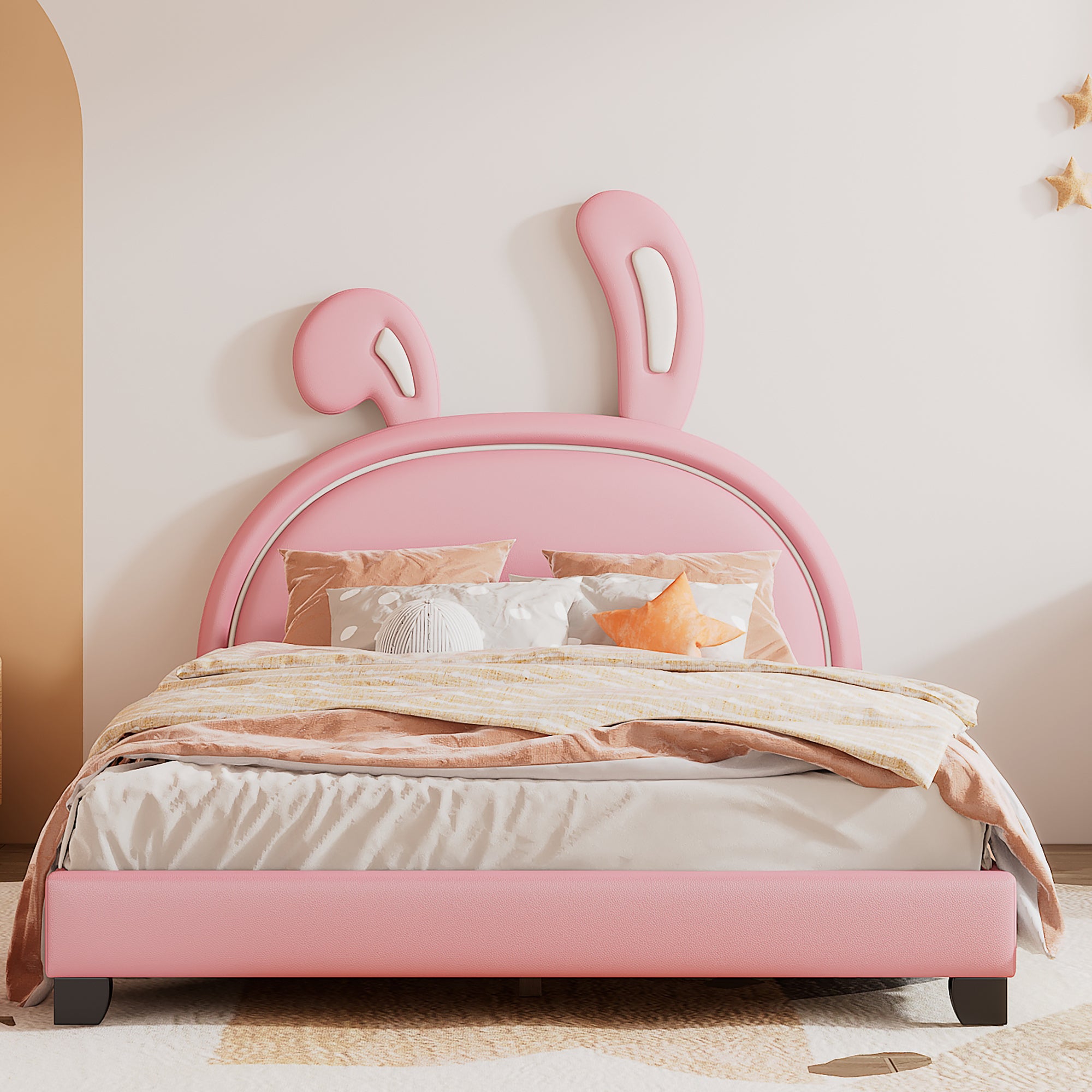 HAOYYE Full Size Upholstered Leather Platform Bed with Rabbit Ornament, Pink Sturdy Space-Saving Heavy Duty Modern Design Adults Dorm Room Easy Assembly Bedroom Furniture