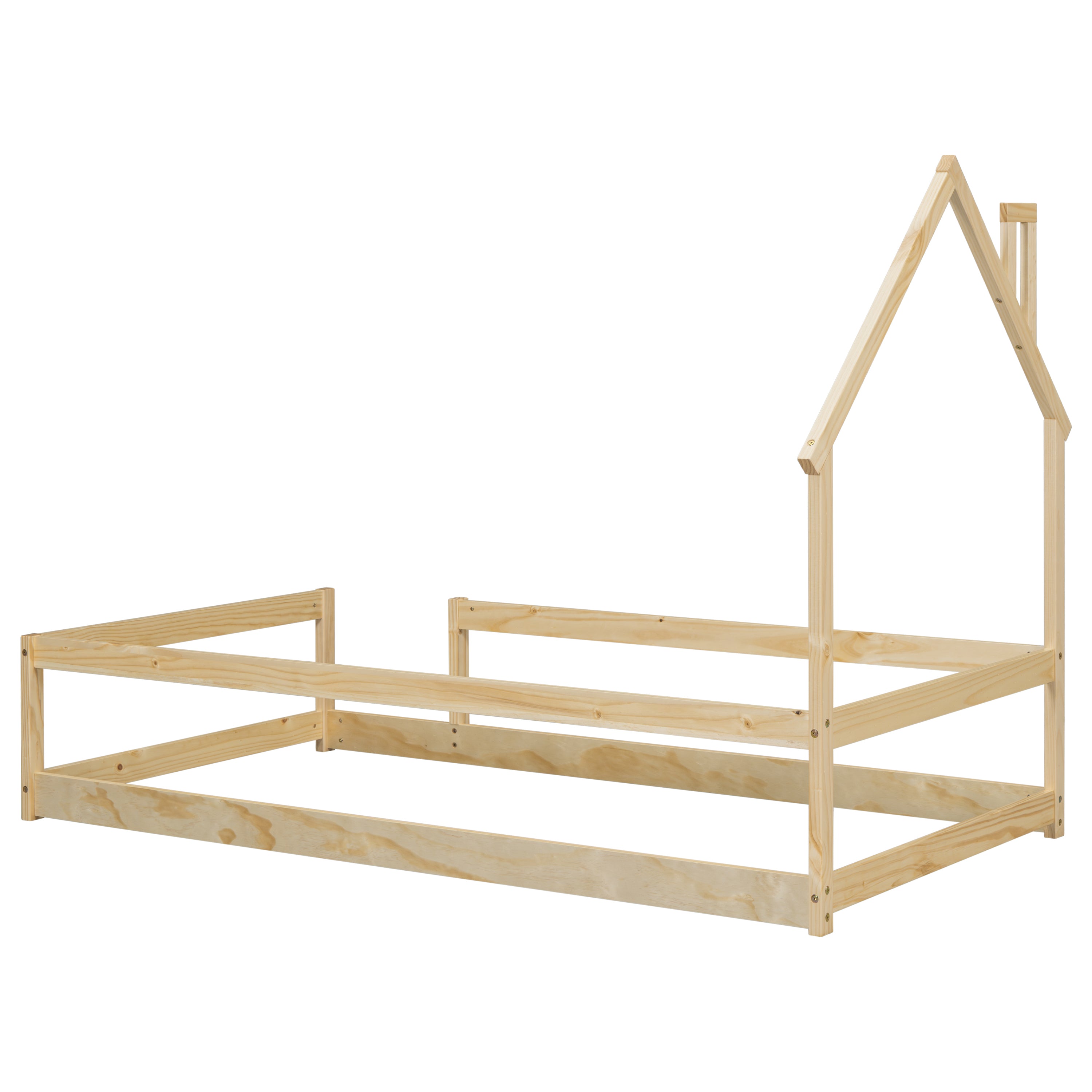 Haoyye Twin Size Wood Bed with House-Shaped Headboard, Floor Bed Frame with Fences and Guardrails, Low Platform Design for Bedroom or Dorm, Sturdy Pine Construction, Space-Saving and Heavy Duty, Easy Assembly, Ideal for Cozy Sleeping Spaces
