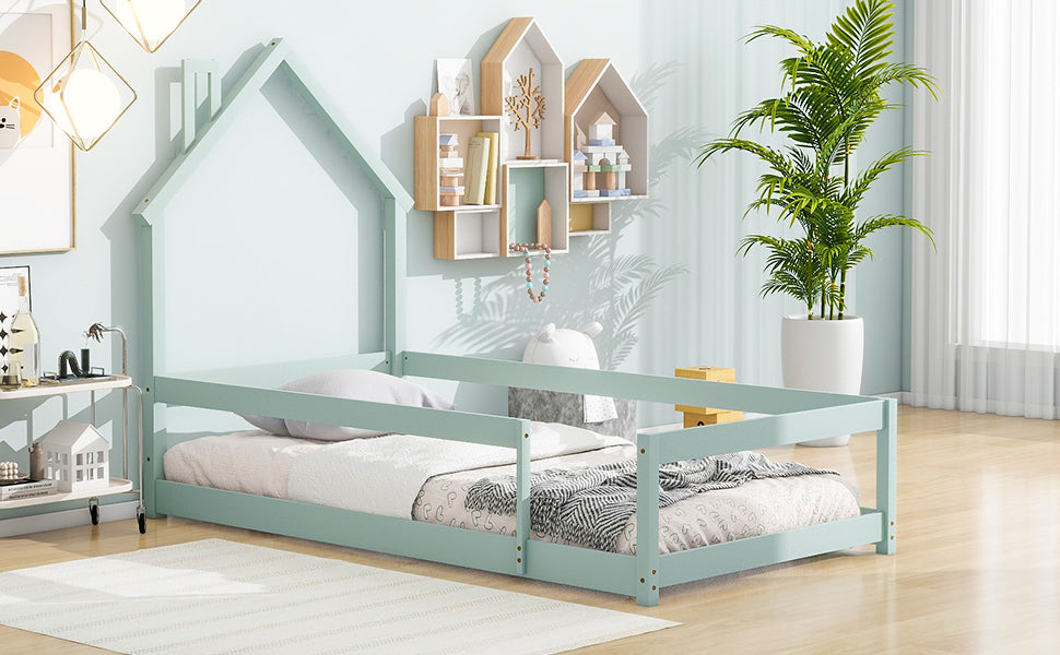 HAOYYE Twin Size Wood Bed with House-Shaped Headboard, Floor Bed with Fences,Sturdy Space-Saving Heavy Duty Modern Design, Easy Assembly for Bedroom or Dorm Room