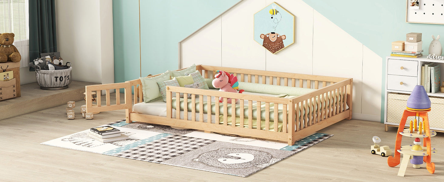 HAOYYE Full Size Bed Floor Bed with Safety Guardrails and Door for , Natural(Old SKU: W158090693) Sturdy Space-Saving Heavy Duty Modern Design Adults Dorm Room Easy Assembly Bedroom Furniture
