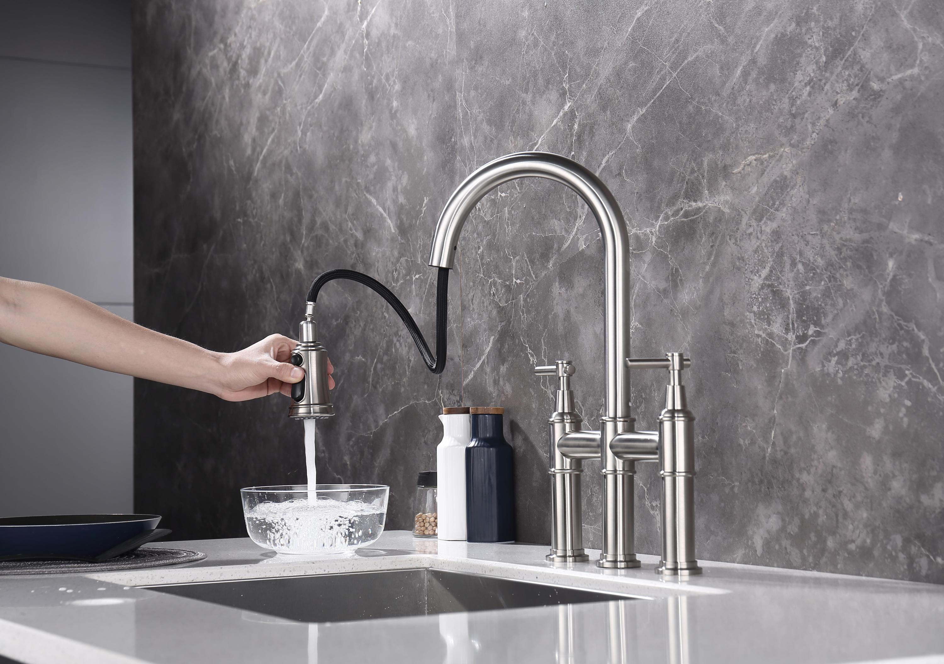 HAOYYE Bridge Kitchen Faucet with Pull-Down Sprayhead in Spot Sturdy Space-Saving Heavy Duty Modern Design Adults Dorm Room Easy Assembly Bedroom Furniture