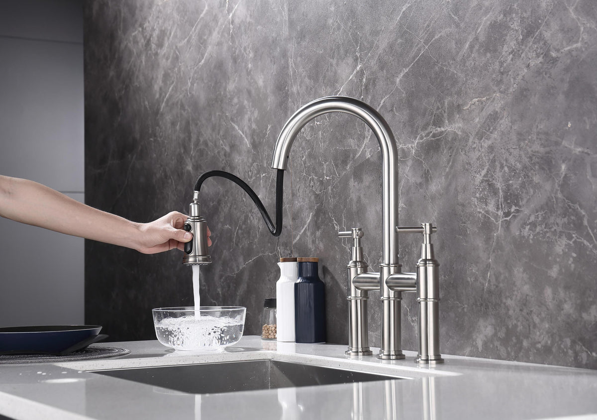 HAOYYE Bridge Kitchen Faucet with Pull-Down Sprayhead in Spot Sturdy Space-Saving Heavy Duty Modern Design Adults Dorm Room Easy Assembly Bedroom Furniture