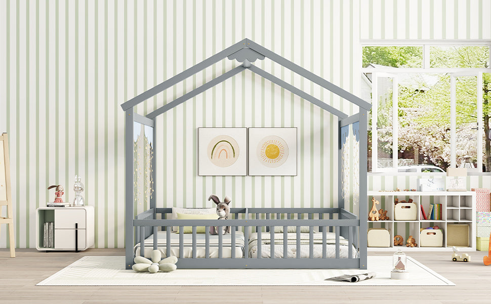 HAOYYE Double Twin House-Style Floor Bed with Fence, Guardrails, without door, Grey Sturdy Space-Saving Heavy Duty Modern Design Adults Dorm Room Easy Assembly Bedroom Furniture