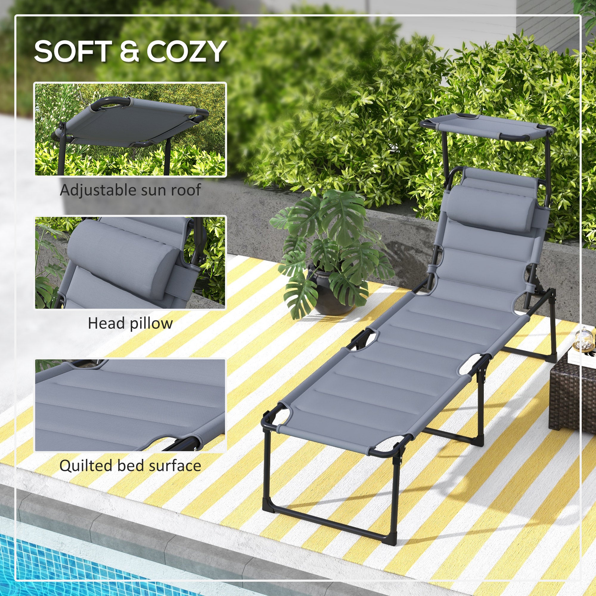 HAOYYE Folding Lounge Chair for Outdoor Relaxation with Adjustable Backrest and Sunshade, Portable Patio Recliner for Beach Pool Garden Camping, Lightweight Foldable Design for Easy Storage and Transport