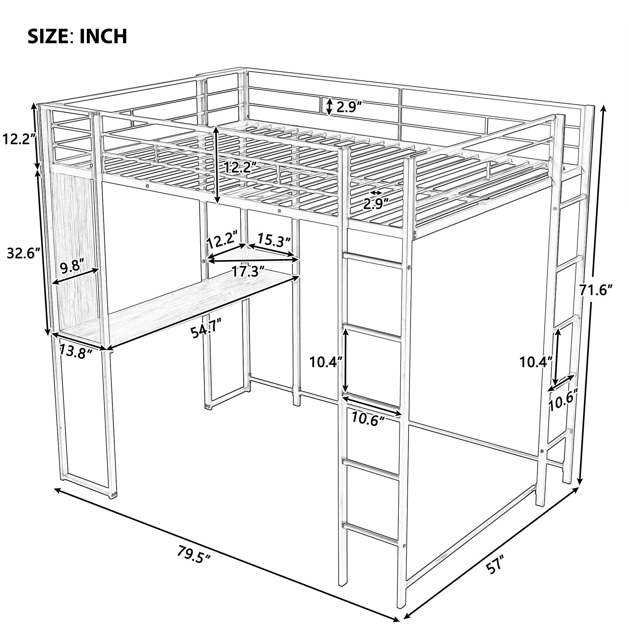 HAOYYE Full Size Metal Loft Bed with 2 Built-in Shelves & Desk, Silver – Space-Saving Design with Sturdy Metal Frame, Includes Full-Length Guardrails & Ladder, No Box Spring Needed, Perfect for Small Bedrooms & Dorm Rooms