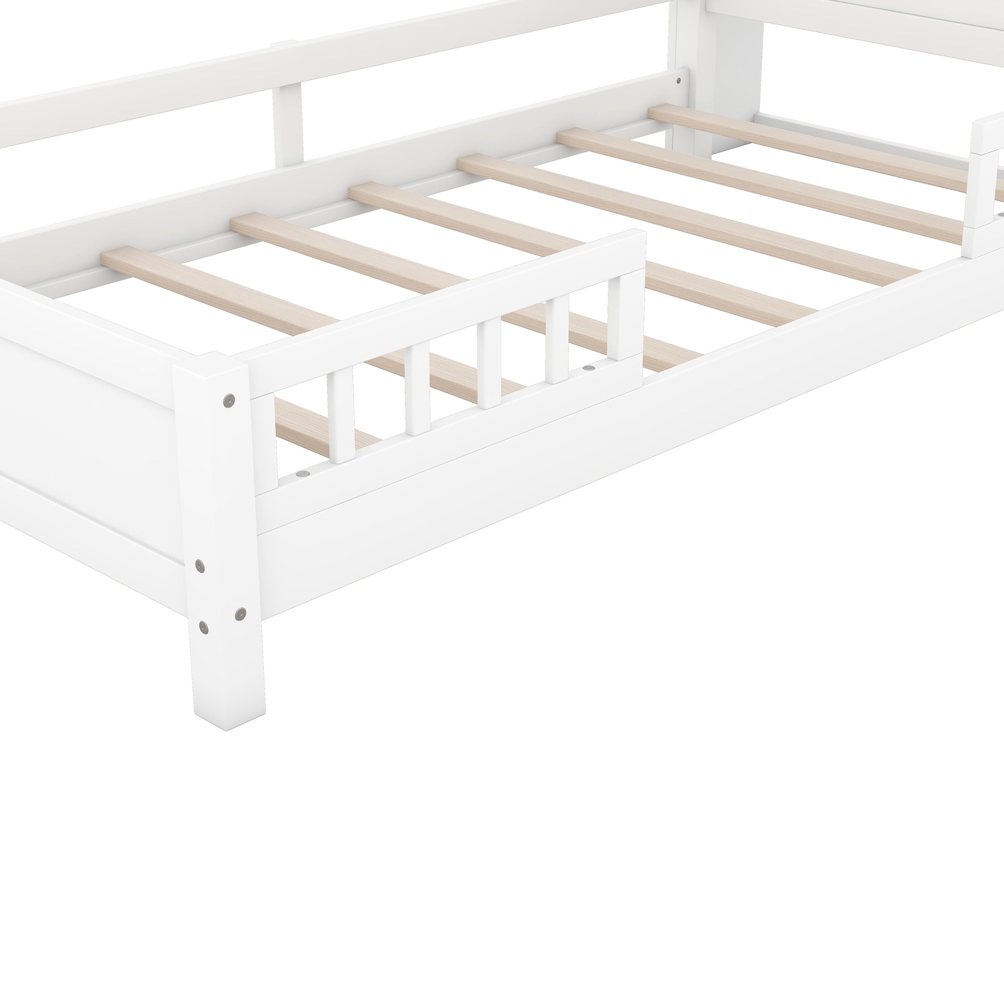 HAOYYE Wood Twin Size Platform Bed with Built-in LED Light, Storage Headboard and Guardrail, White Sturdy Space-Saving Heavy Duty Modern Design Adults Dorm Room Easy Assembly Bedroom Furniture
