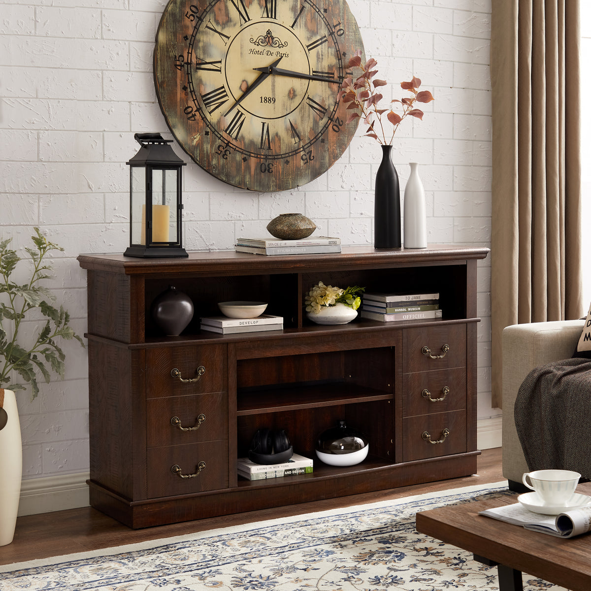 HAOYYE Traditional TV Media Stand Farmhouse Rustic Entertainment Console for TV Up to 65" with Open and Closed Storage Space, Espresso, 60"W*15.75"D*34.25"H Sturdy Space-Saving Heavy Duty Modern Design