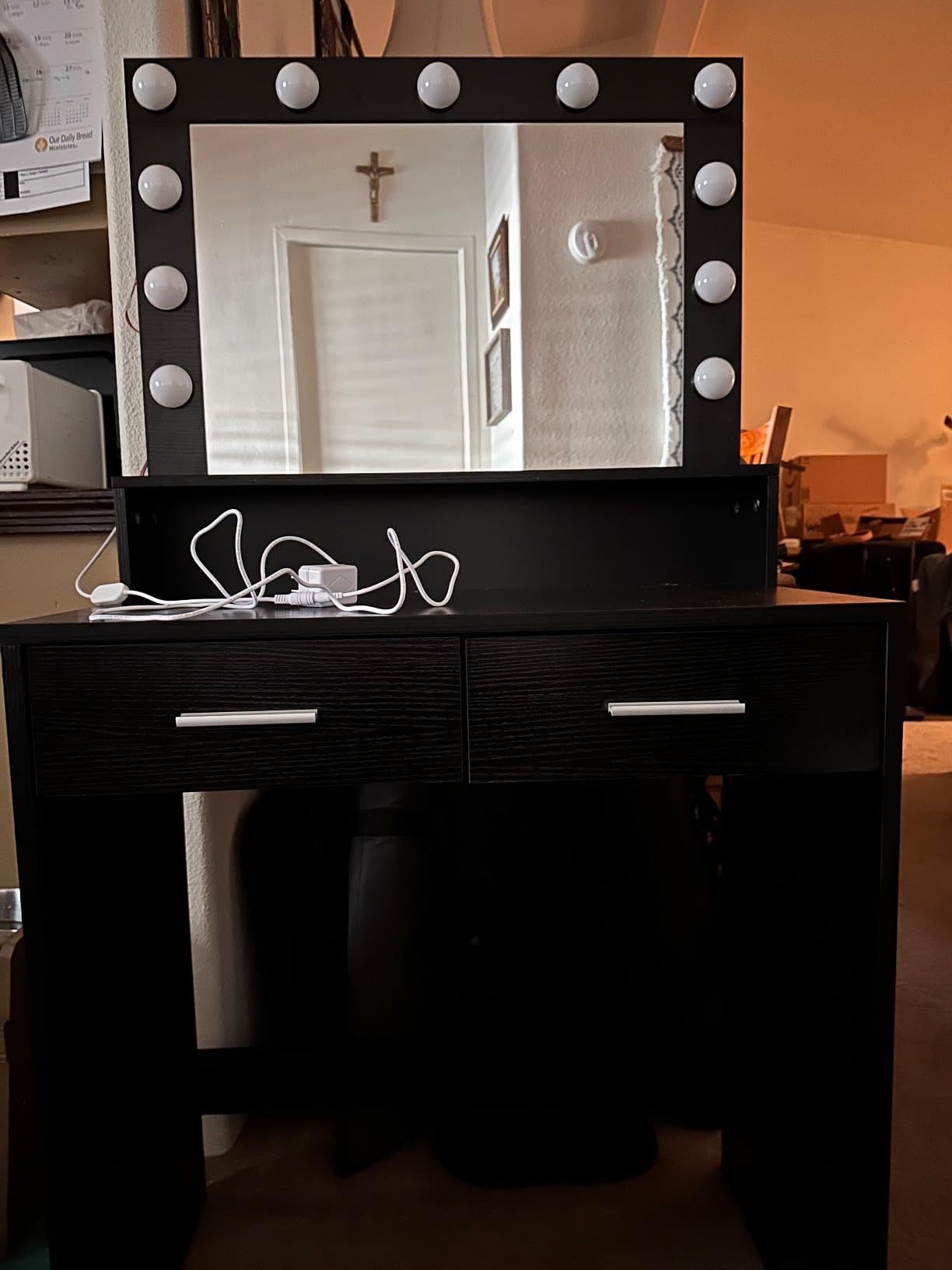 HAOYYE Vanity Desk with Mirror and Lights, Dressing Table with Large Drawer, Two-Level Storage Dresser, and Adjustable Brightness with Three Lighting Modes, Black, Sturdy Space-Saving Design, Heavy Duty Construction, Stylish and Durable Home Furniture