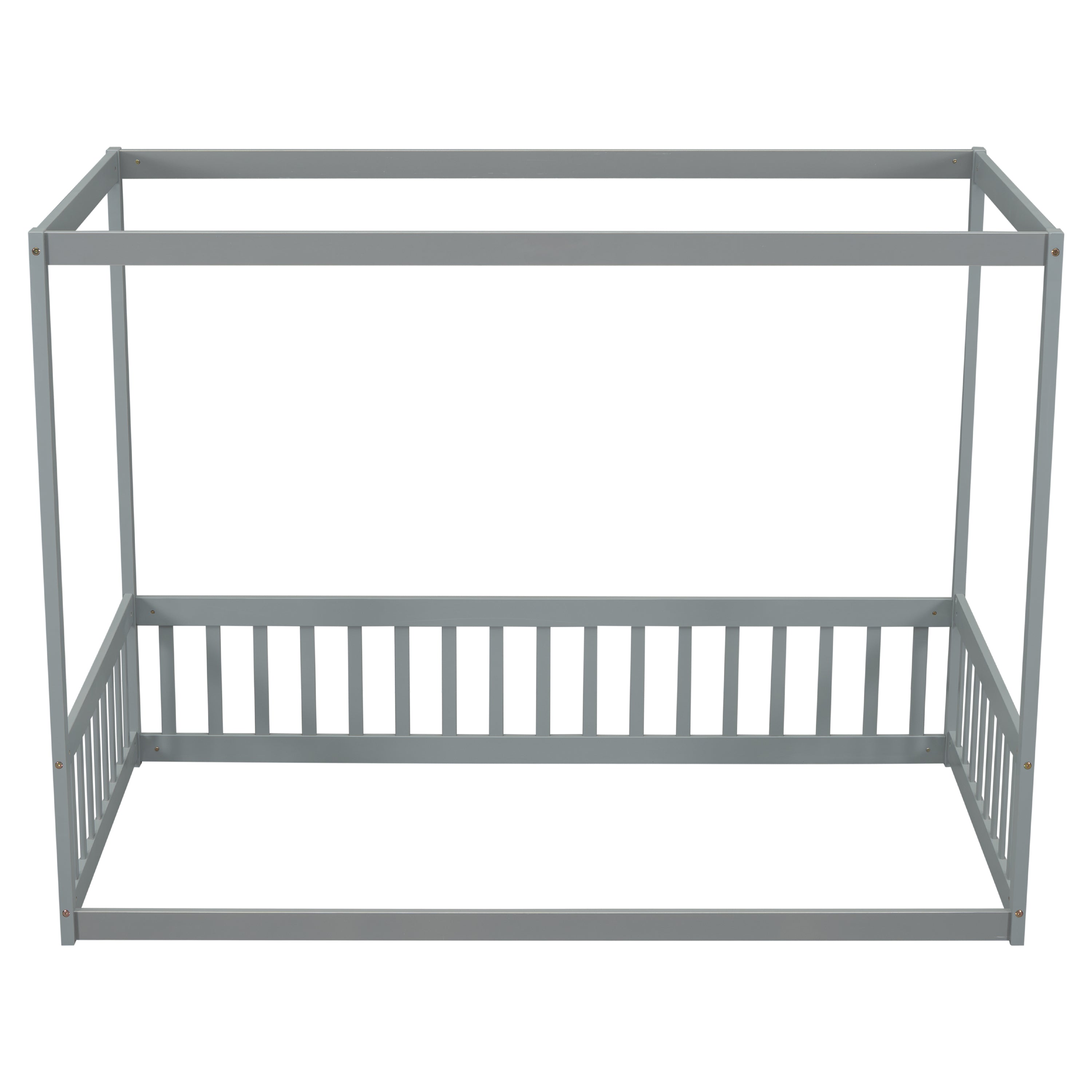 HAOYYE Twin Size Canopy Frame Floor Bed with Fence, Guardrails,Grey Sturdy Space-Saving Heavy Duty Modern Design Adults Dorm Room Easy Assembly Bedroom Furniture
