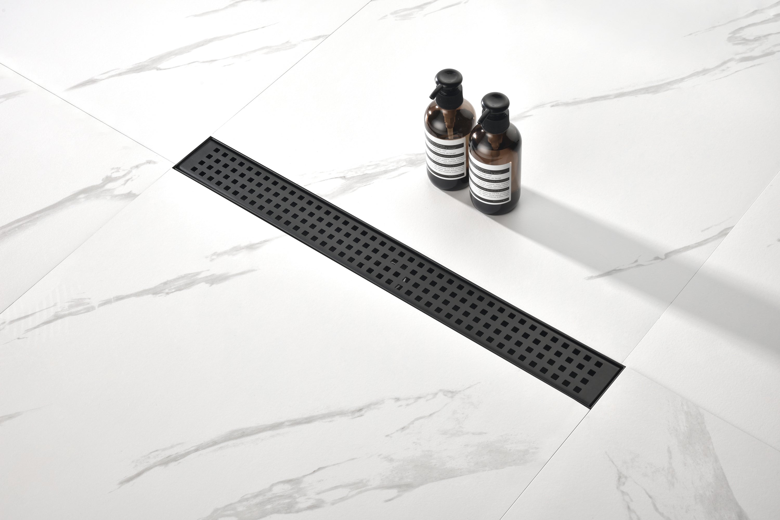 HAOYYE Linear Shower Drain with Removable Quadrato Pattern Grate, 304 Stainless Shower Drain Included Hair Strainer and Leveling Feet Sturdy Space-Saving Heavy Duty Modern Design Adults Dorm Room
