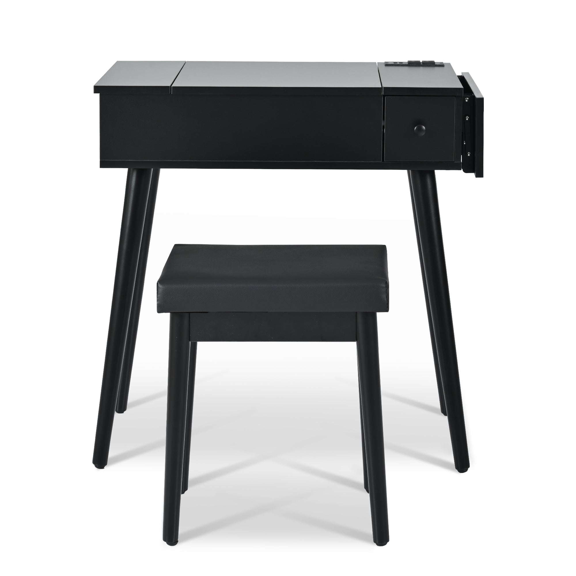 HAOYYE 27.9'' Black Makeup Vanity Desk with Flip Top Mirror and LED Light, Dressing Table with Charging Station, 2 Drawers and Fold-up Panel, Vanity Set with Cushioned Stool for Bedroom