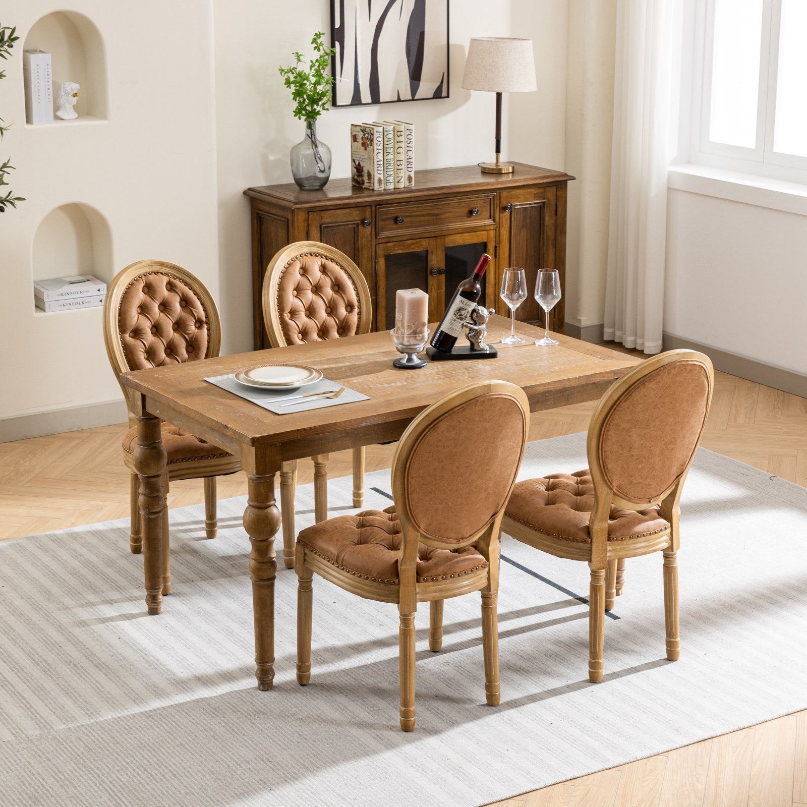 HAOYYE French Style Solid Wood Frame Antique Painting,Hand-pulled buckle decoration PU artificial leather Dining Chair with Nailhead Trim ,Wood Legs,Density Foam,Steel Spring inner,Set of 2,Orange,SW1839OG