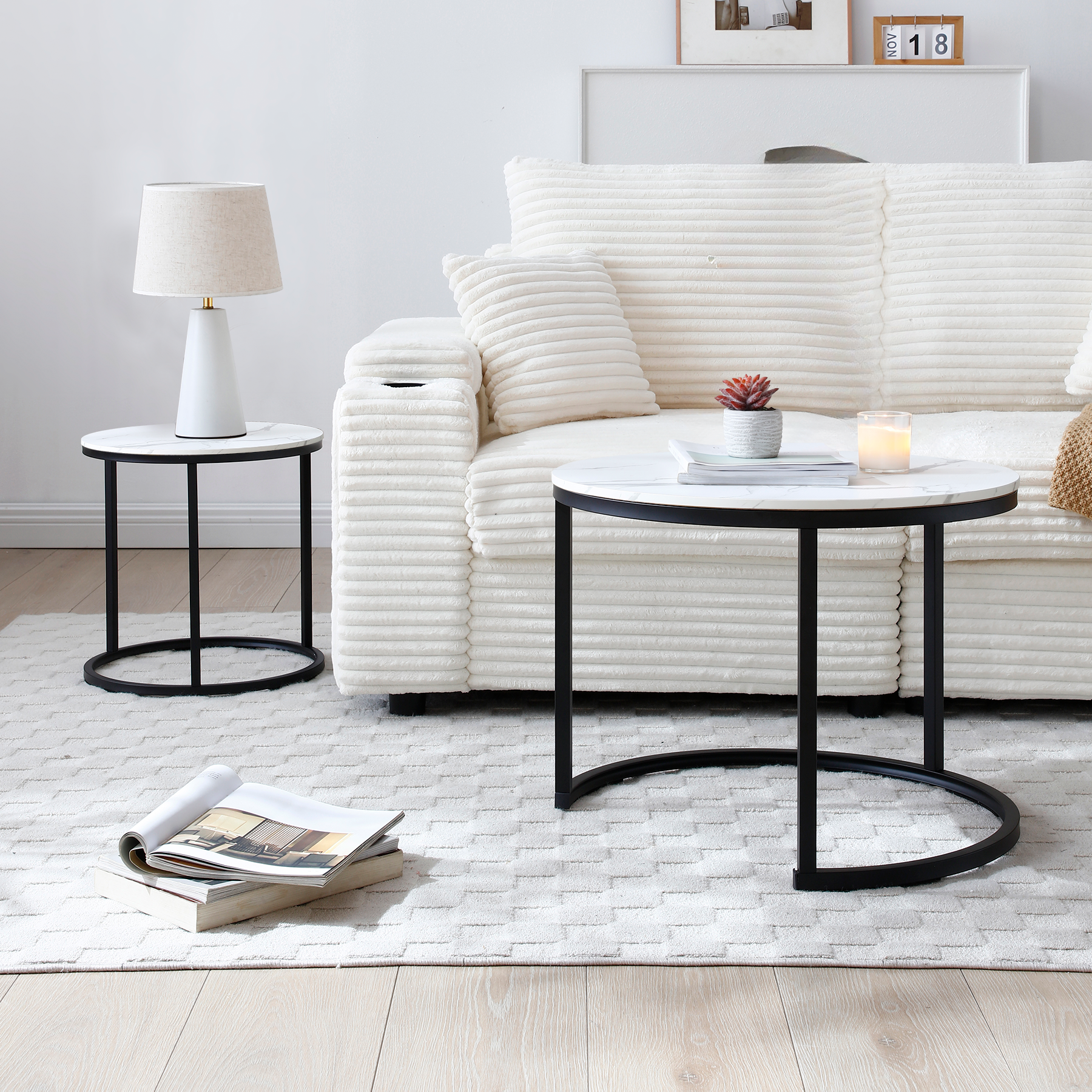 HAOYYE Set of 2 Round Nesting Coffee Tables with White and Gray Marble Pattern Tops and Black Metal Frame, Modern Industrial Accent Side Tables for Living Room Bedroom Apartment Office or Small Spaces