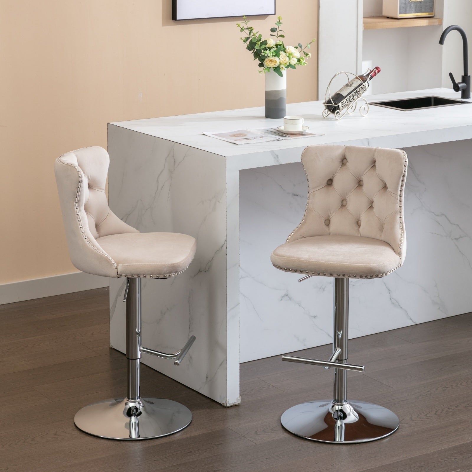 HAOYYE Swivel Velvet Barstools, Adjustable Seat Height 25-33 Inch, Modern Upholstered Chrome Base Bar Stools with Tufted Backs, Comfortable Set of 2 for Home, Pub, Kitchen Island, Beige, Sturdy Design