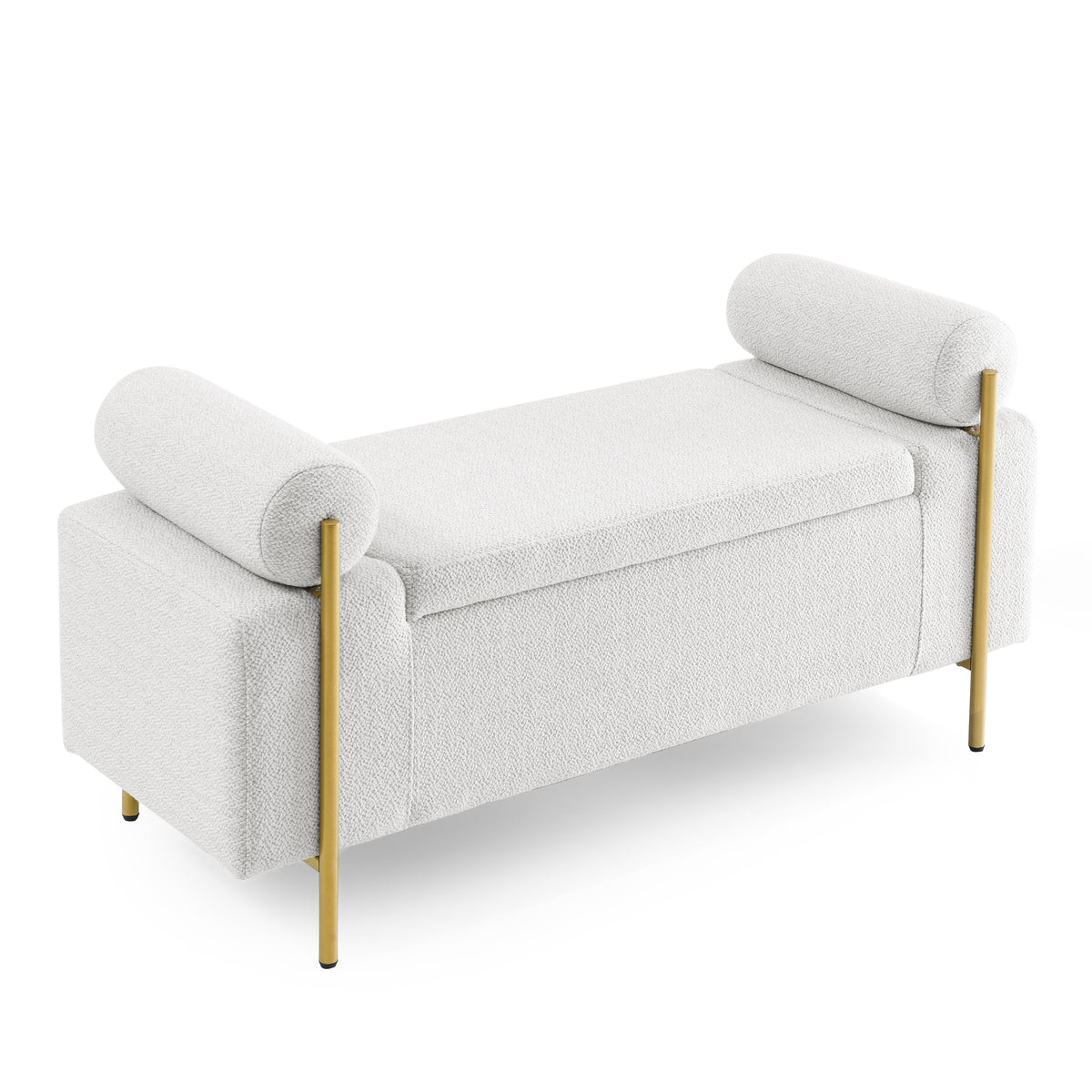 HAOYYE Elegant Upholstered Linen Storage Bench with Cylindrical Arms and Iron Legs for Hallway Living Room Bedroom, White Sturdy Space-Saving Heavy Duty Modern Design Adults Dorm Room Easy Assembly